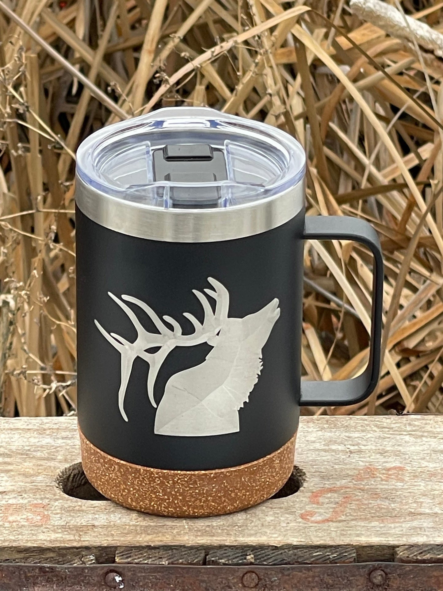 Insulated Cork Bottom Coffee Mug - Elk design - etched 16 OZ - Option to Personalize - BLACK