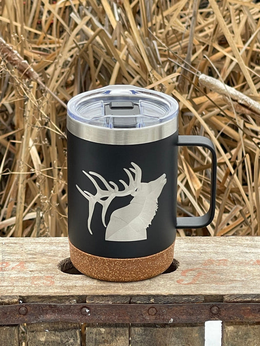 Insulated Cork Bottom Coffee Mug - Elk design - etched 16 OZ - Option to Personalize - BLACK