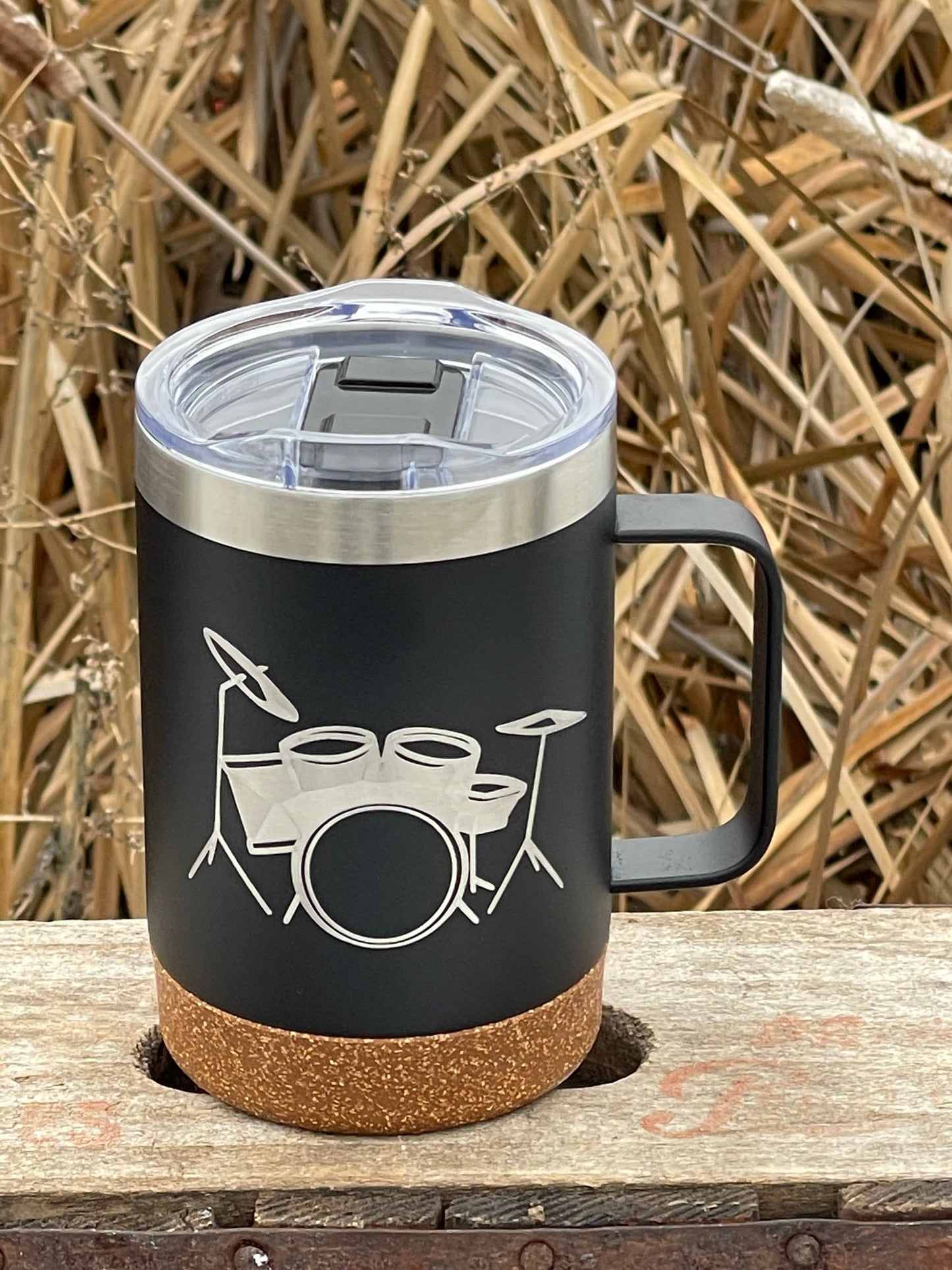 Insulated Cork Bottom Coffee Mug - Drum design - etched 16 OZ - Option to Personalize - BLACK