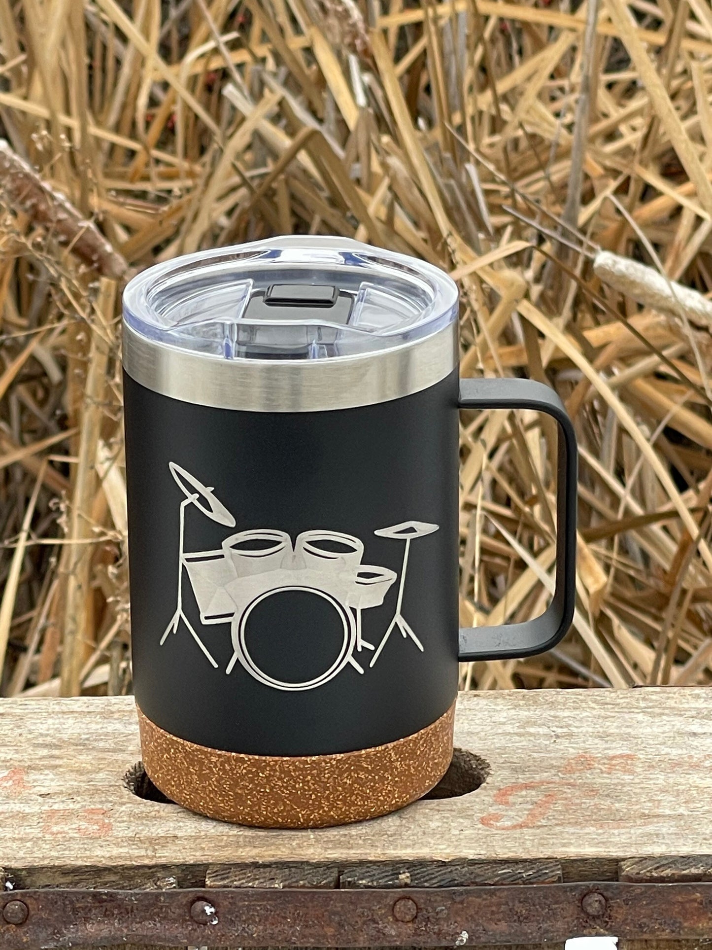 Insulated Cork Bottom Coffee Mug - Drum design - etched 16 OZ - Option to Personalize - BLACK