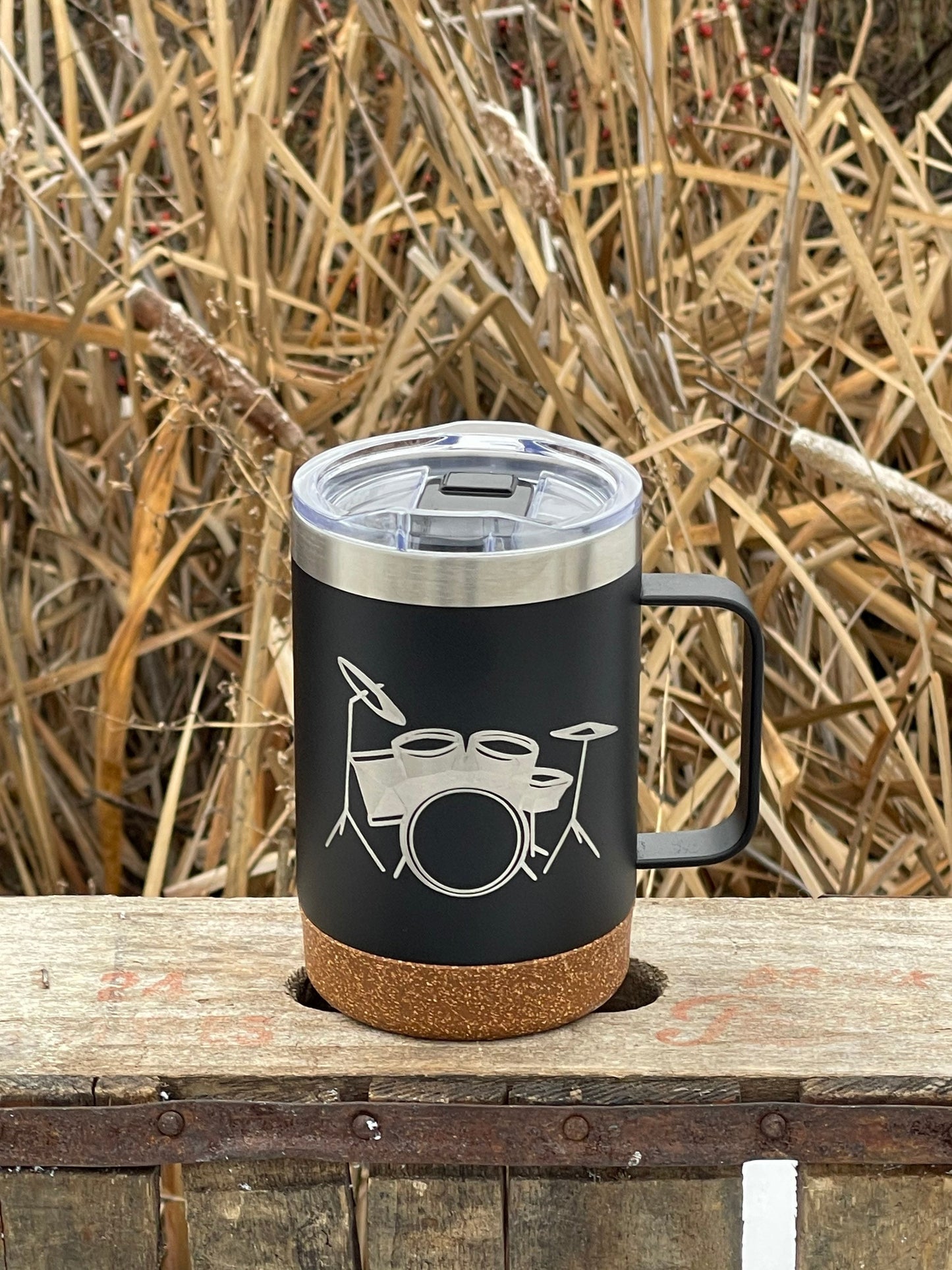 Insulated Cork Bottom Coffee Mug - Drum design - etched 16 OZ - Option to Personalize - BLACK