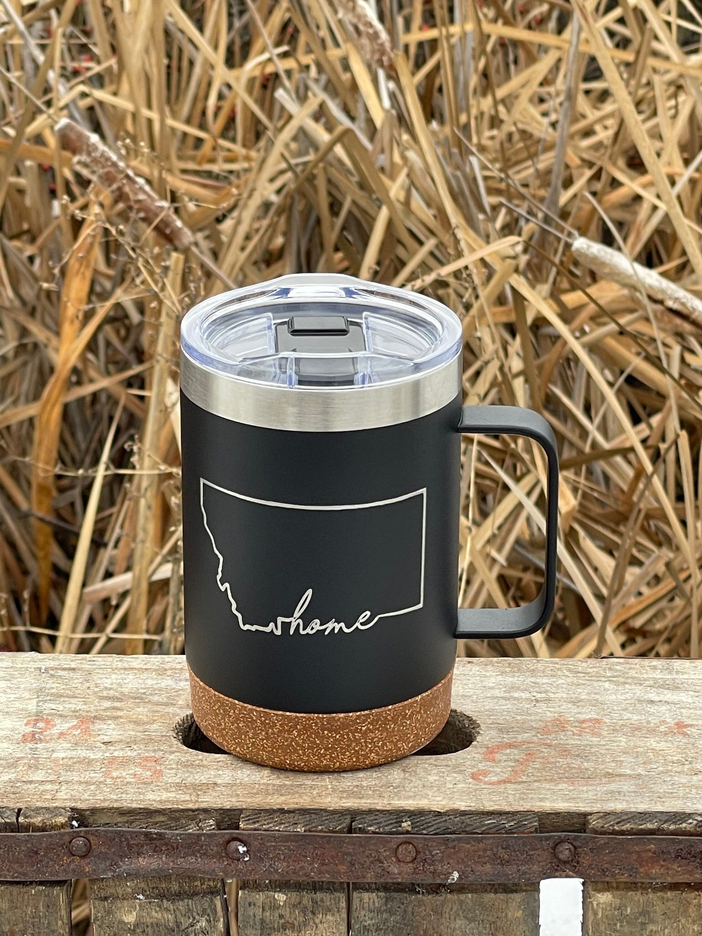 Insulated Cork Bottom Coffee Mug - Montana Home design - etched 16 OZ - Option to Personalize - BLACK - other states available