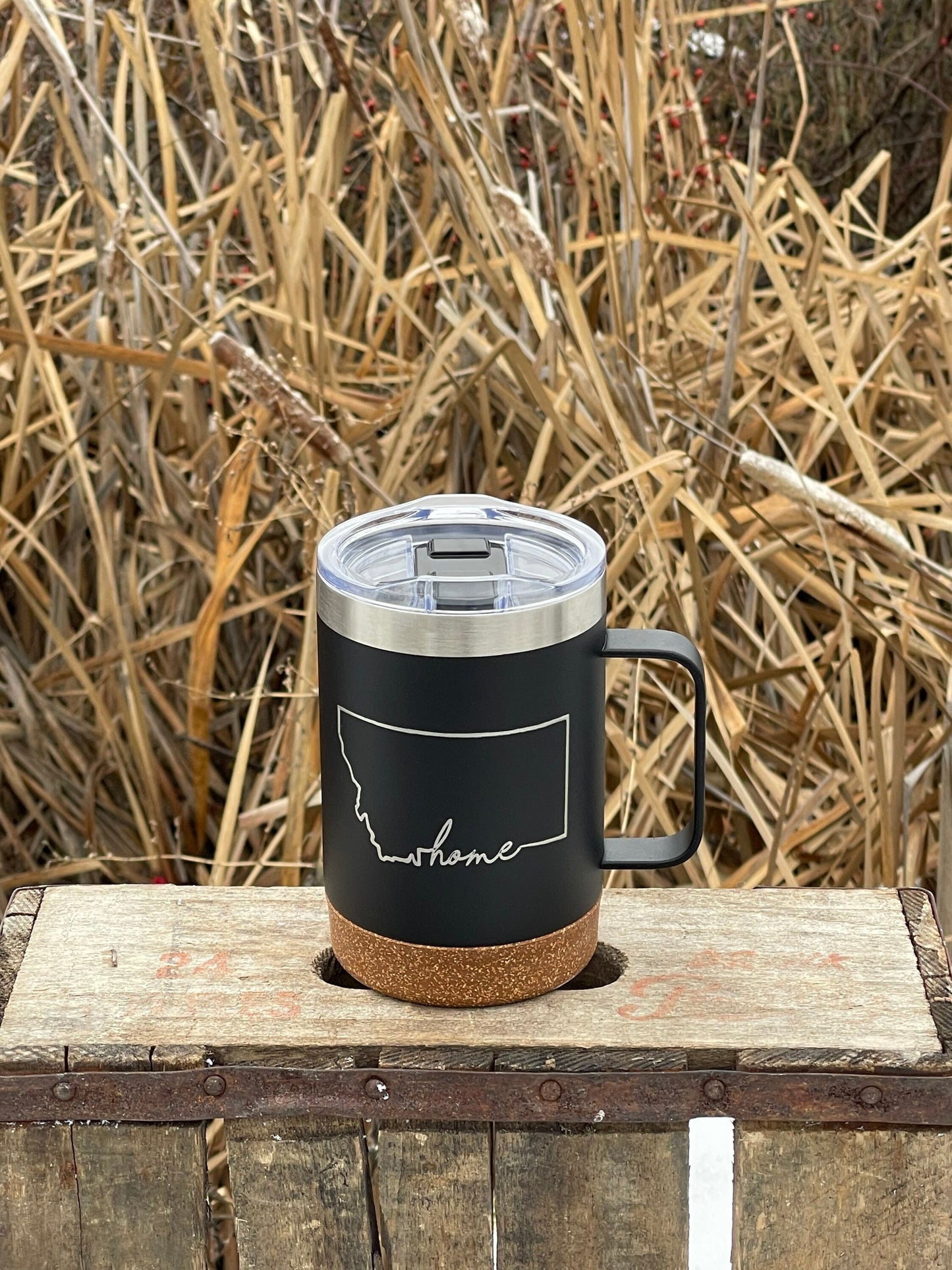 Insulated Cork Bottom Coffee Mug - Montana Home design - etched 16 OZ - Option to Personalize - BLACK - other states available