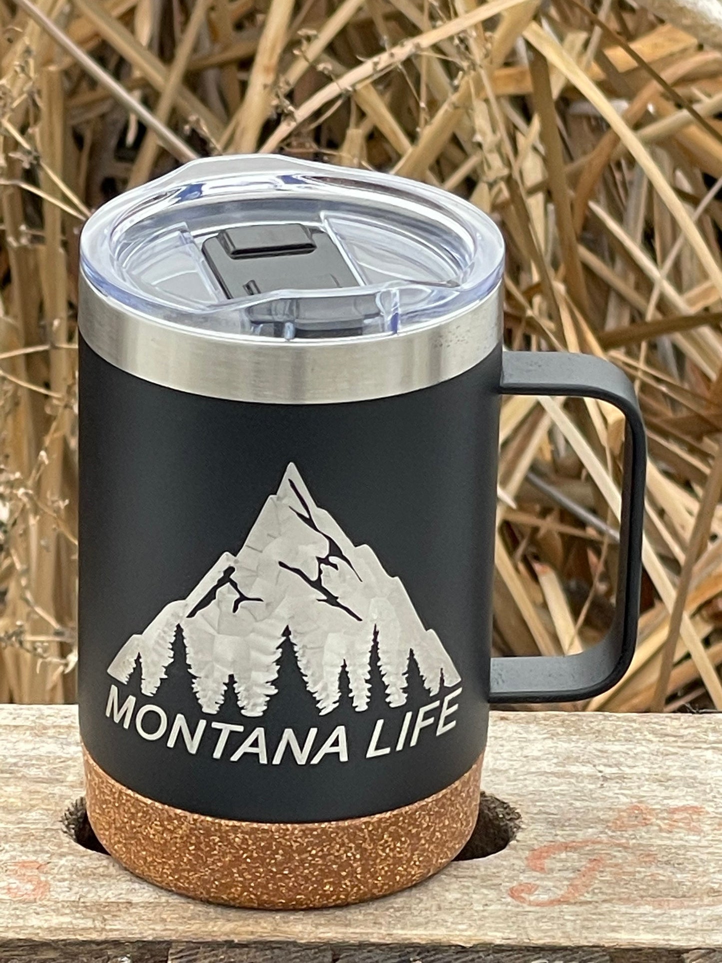 Insulated Cork Bottom Coffee Mug - Montana Life design - etched 16 OZ - Option to Personalize - BLACK - other states available