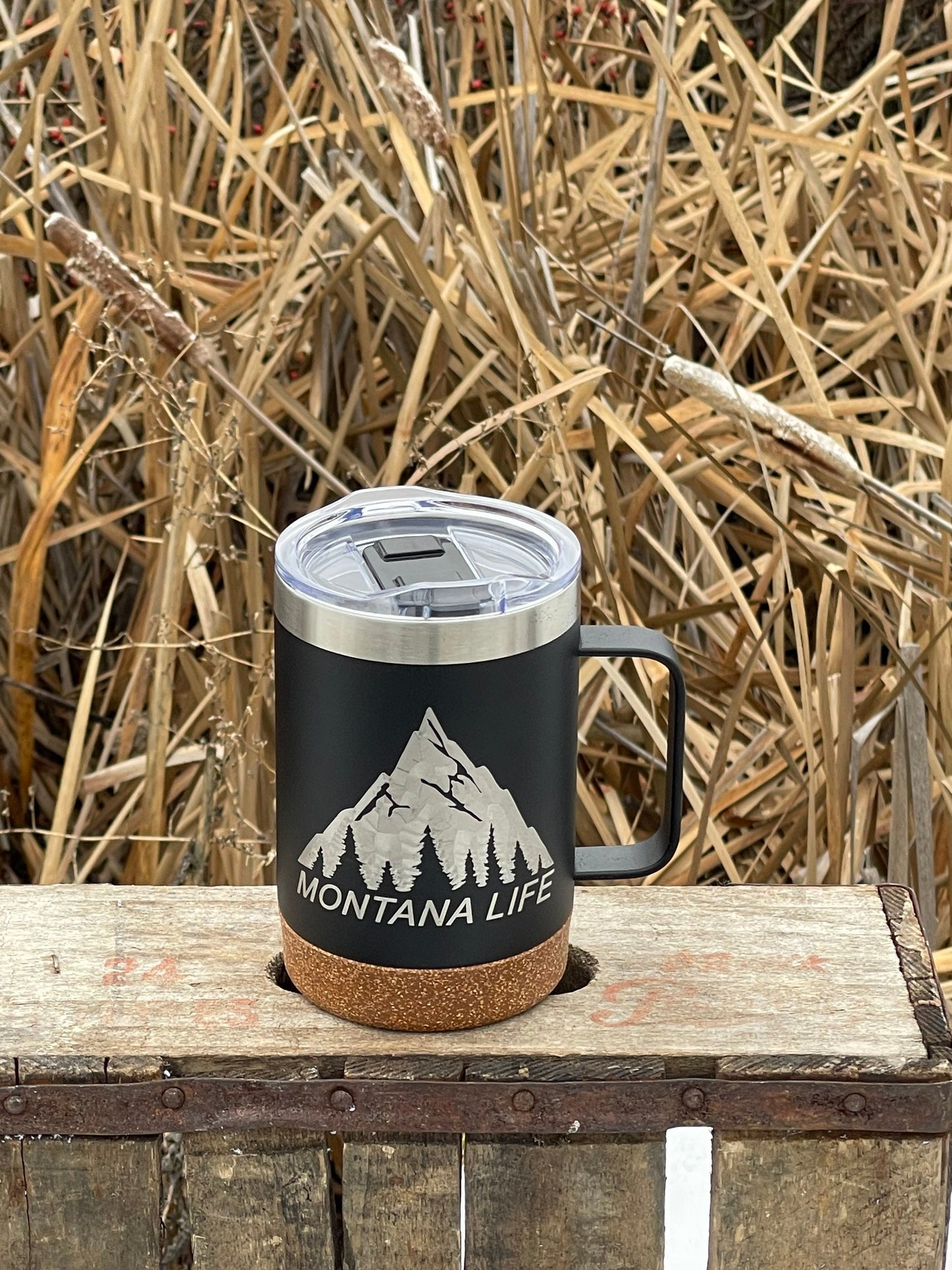 Insulated Cork Bottom Coffee Mug - Montana Life design - etched 16 OZ - Option to Personalize - BLACK - other states available