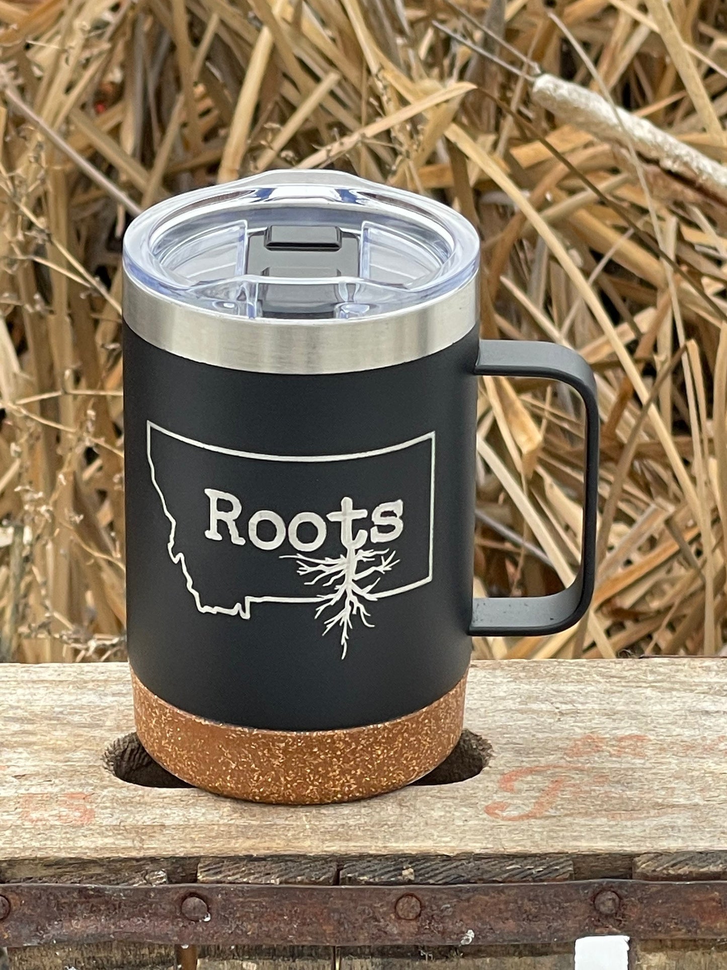 Insulated Cork Bottom Coffee Mug - Montana Roots design - etched 16 OZ - Option to Personalize - BLACK - other states available