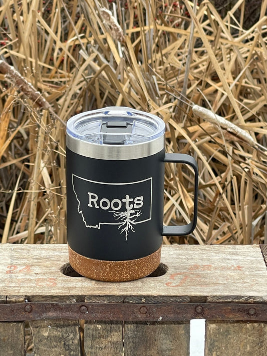 Insulated Cork Bottom Coffee Mug - Montana Roots design - etched 16 OZ - Option to Personalize - BLACK - other states available