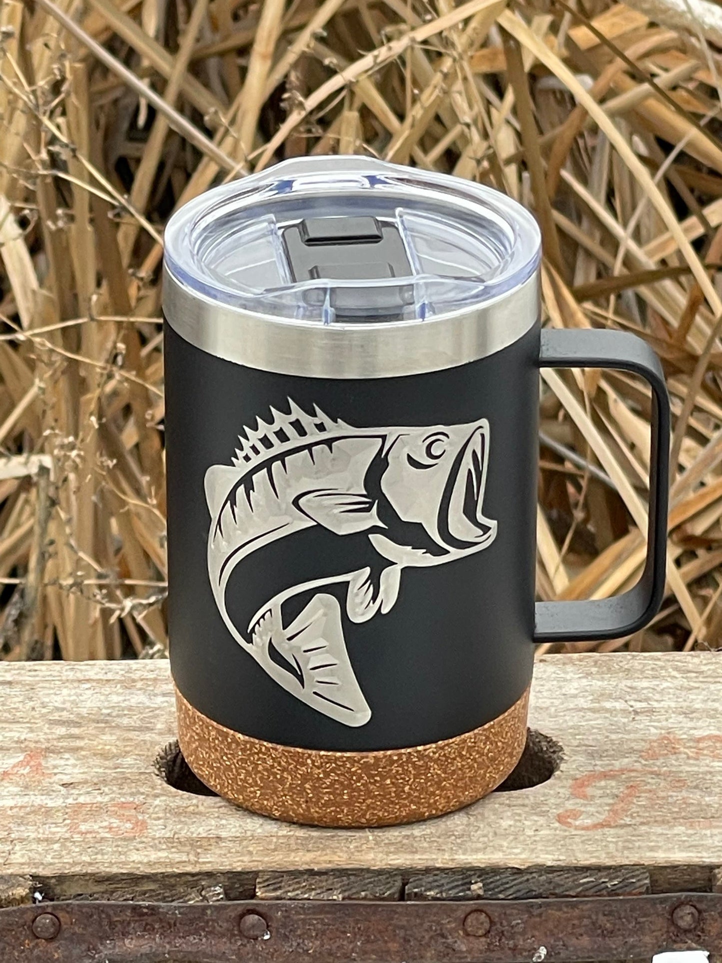 Insulated Cork Bottom Coffee Mug - Bass fish design - etched 16 OZ - Option to Personalize - BLACK