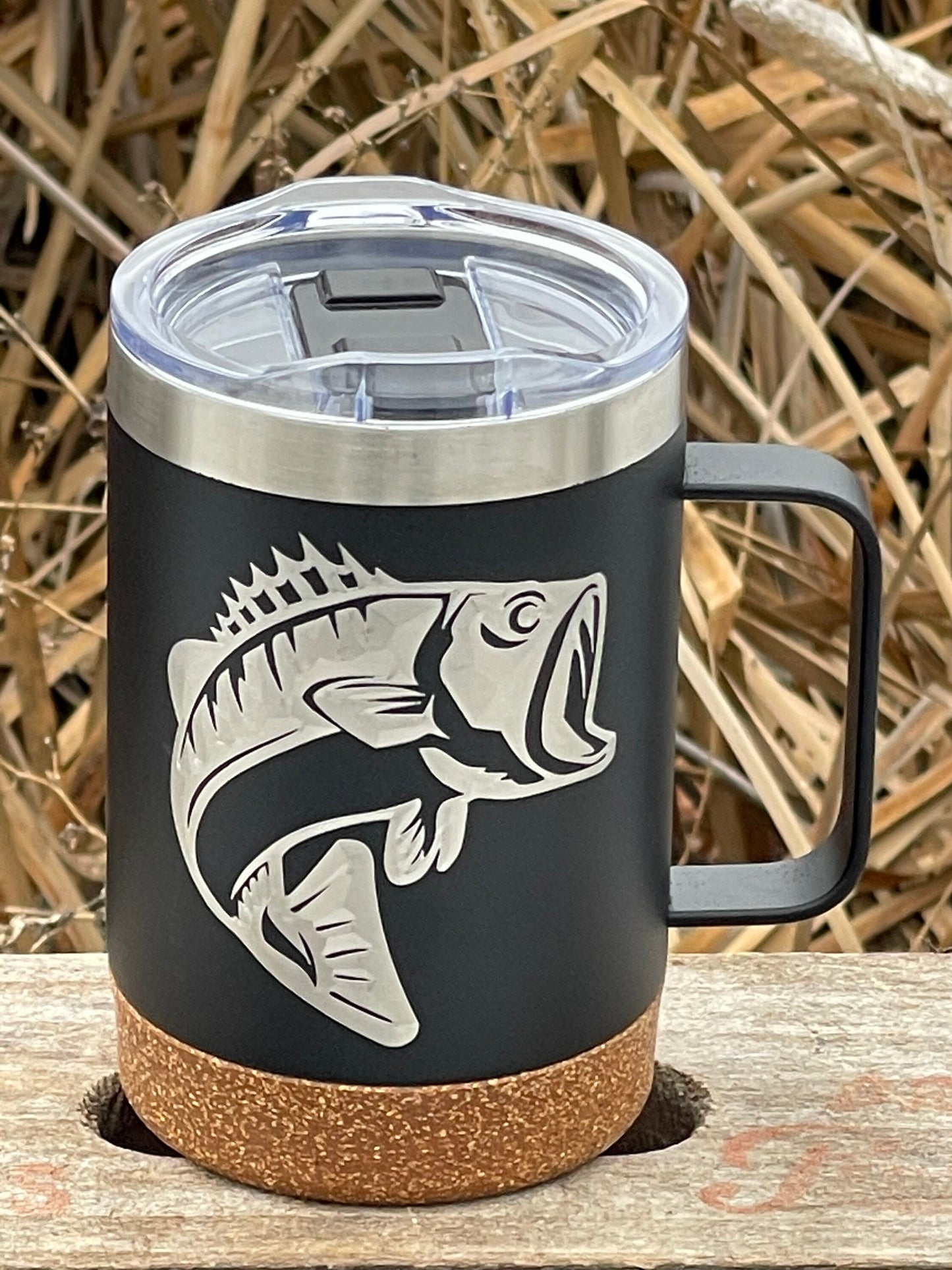 Insulated Cork Bottom Coffee Mug - Bass fish design - etched 16 OZ - Option to Personalize - BLACK