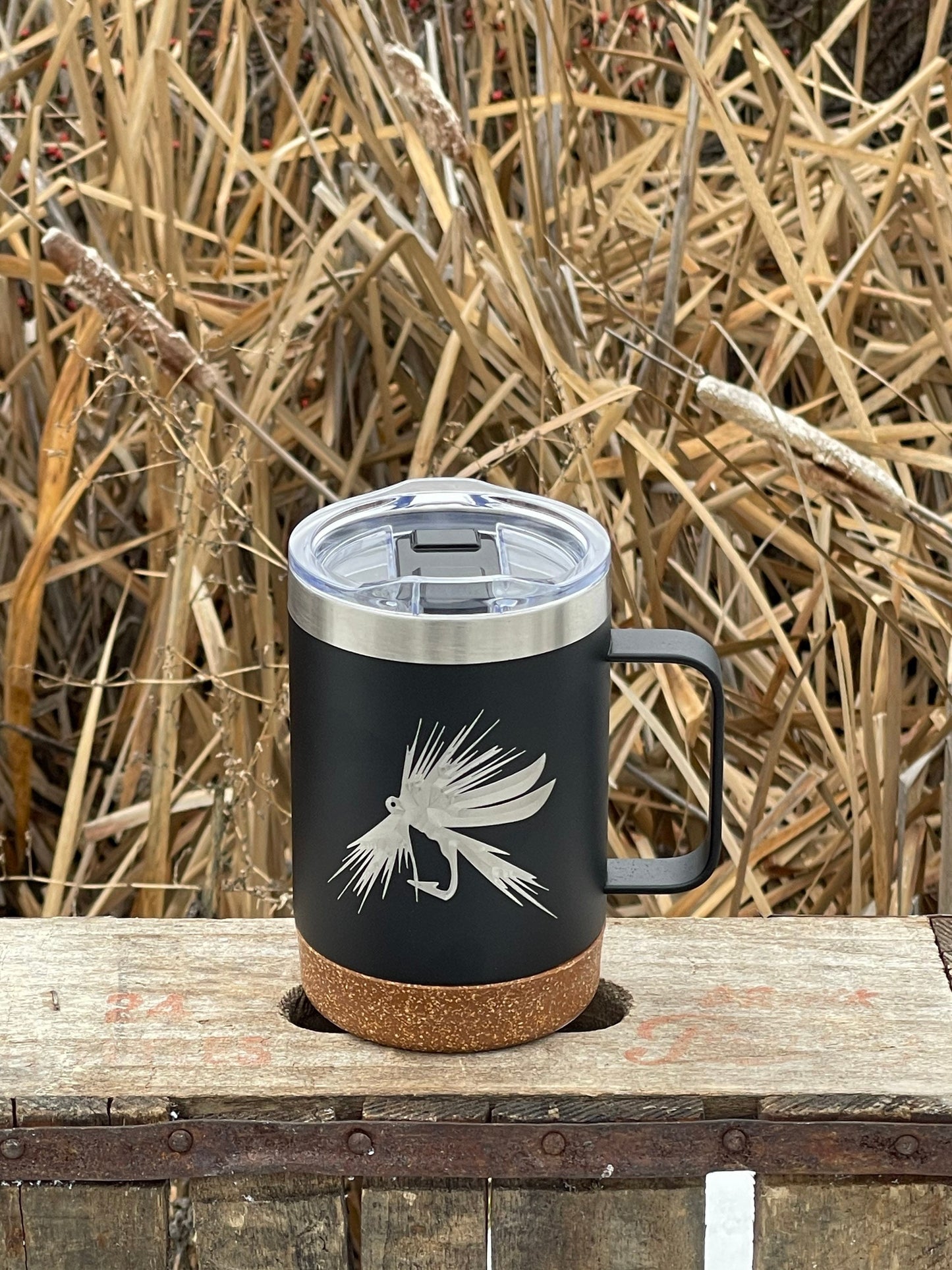 Insulated Cork Bottom Coffee Mug - Fly fishing fly design - etched 16 OZ - Option to Personalize - BLACK