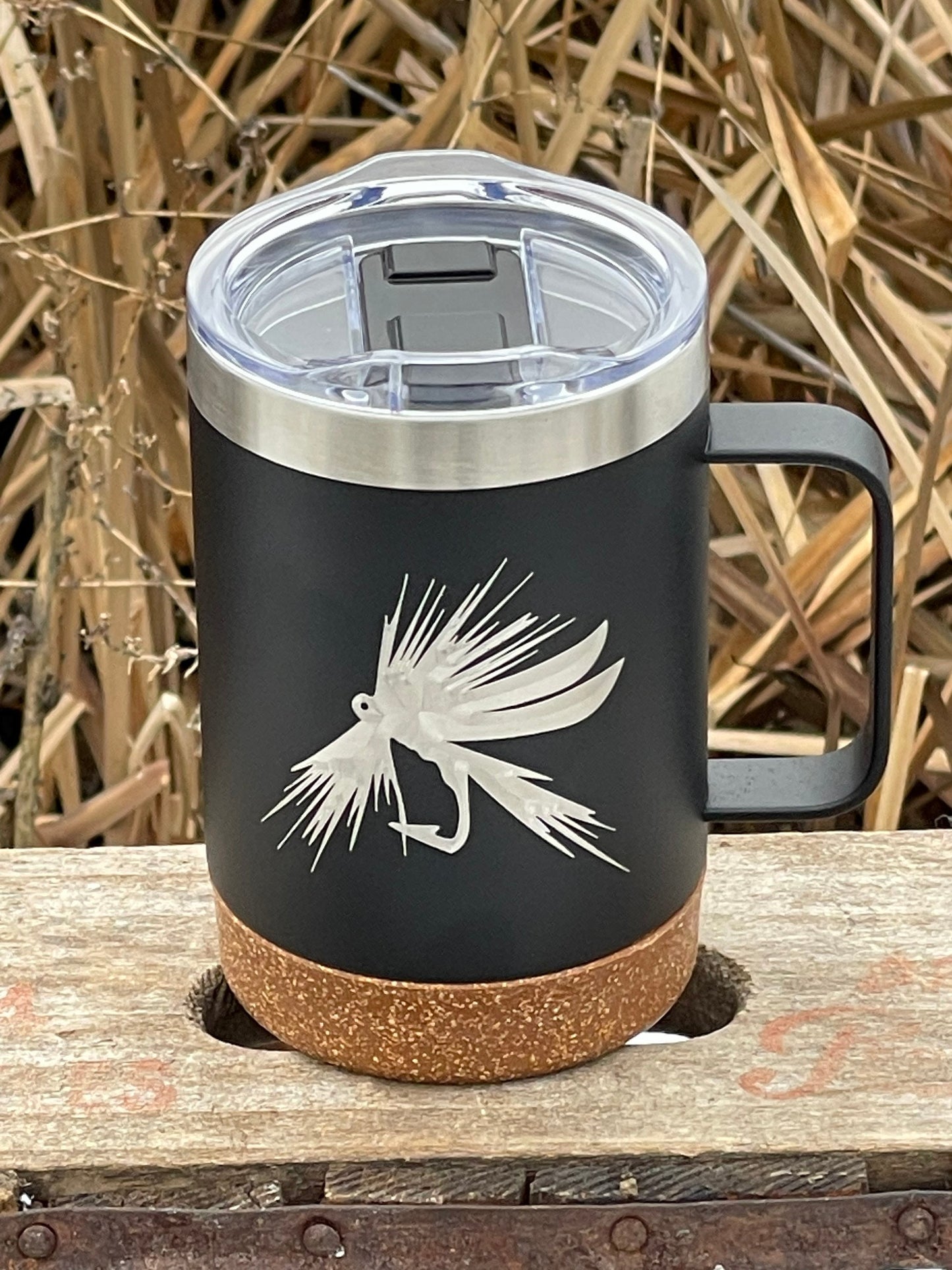 Insulated Cork Bottom Coffee Mug - Fly fishing fly design - etched 16 OZ - Option to Personalize - BLACK