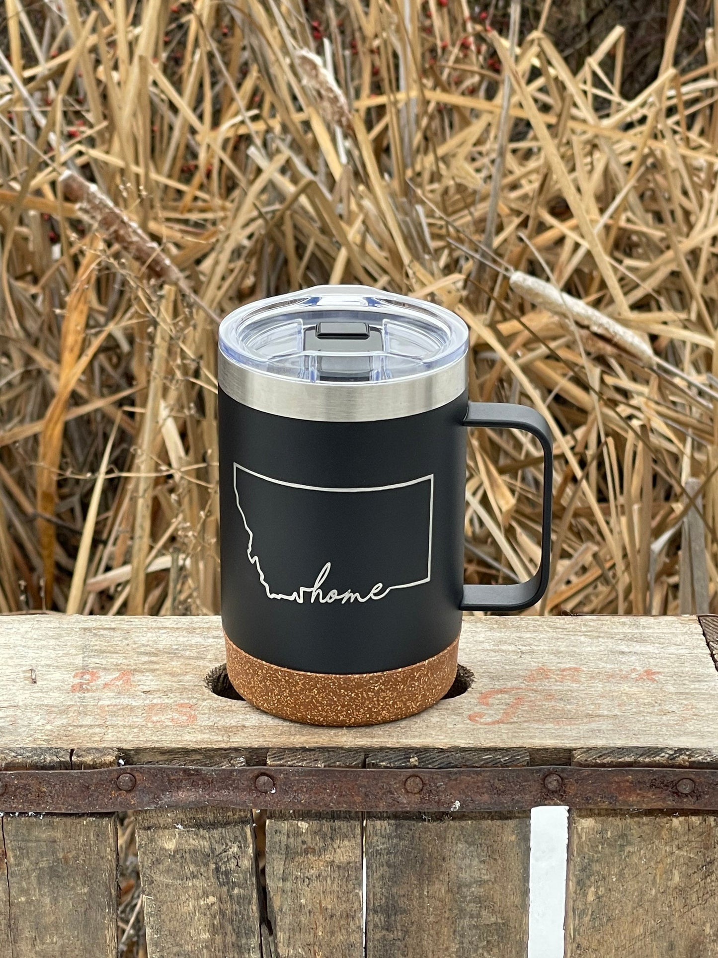 Insulated Cork Bottom Coffee Mug - Montana Home design - etched 16 OZ - Option to Personalize - BLACK - other states available