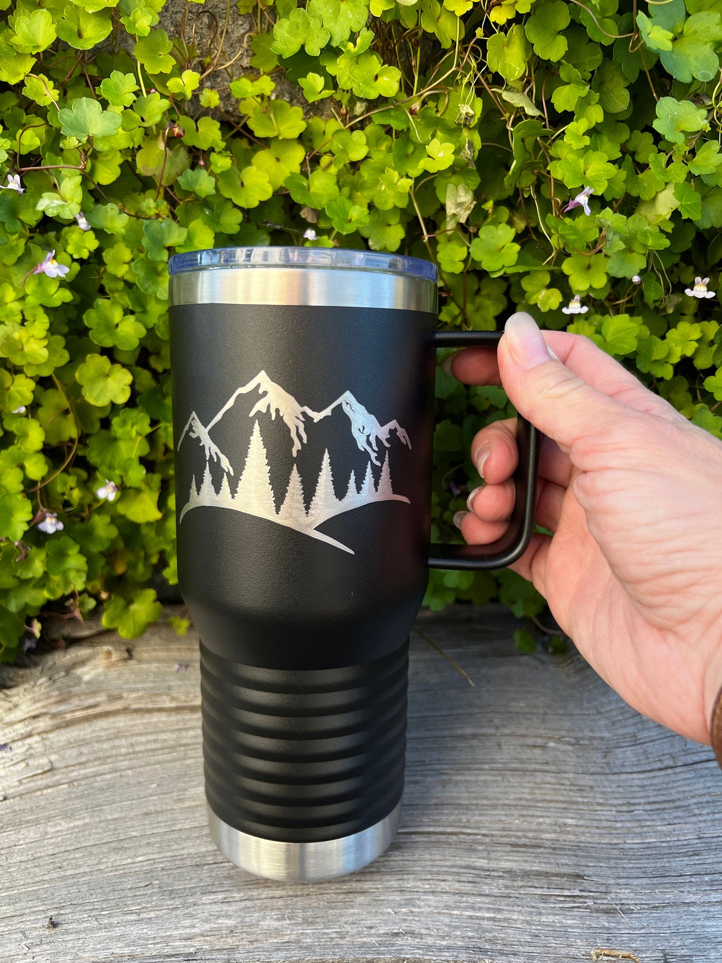 Insulated Travel Coffee Mug - Mountains and trees etched 20 OZ - Option to Personalize - BLACK