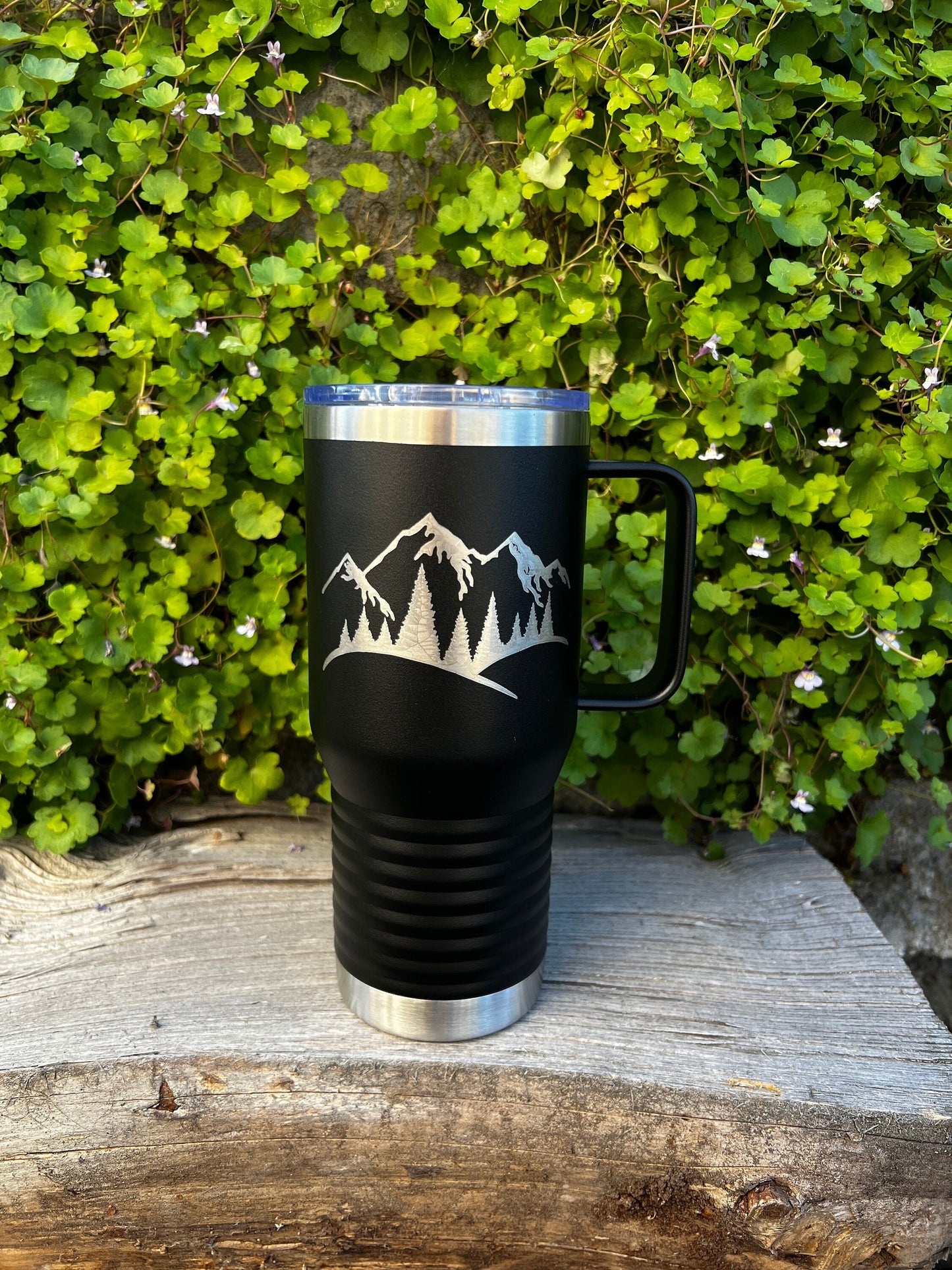 Insulated Travel Coffee Mug - Mountains and trees etched 20 OZ - Option to Personalize - BLACK