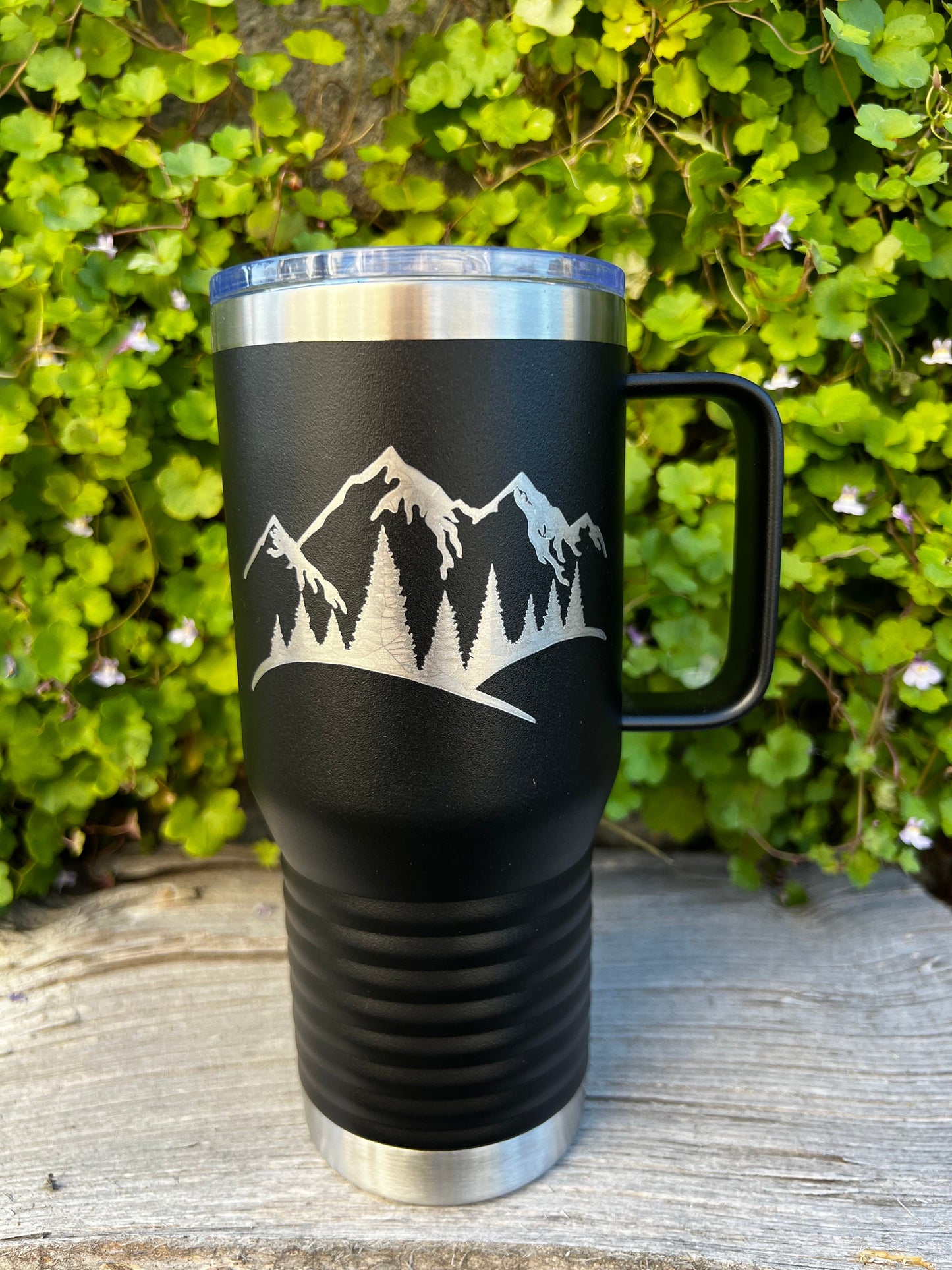 Insulated Travel Coffee Mug - Mountains and trees etched 20 OZ - Option to Personalize - BLACK