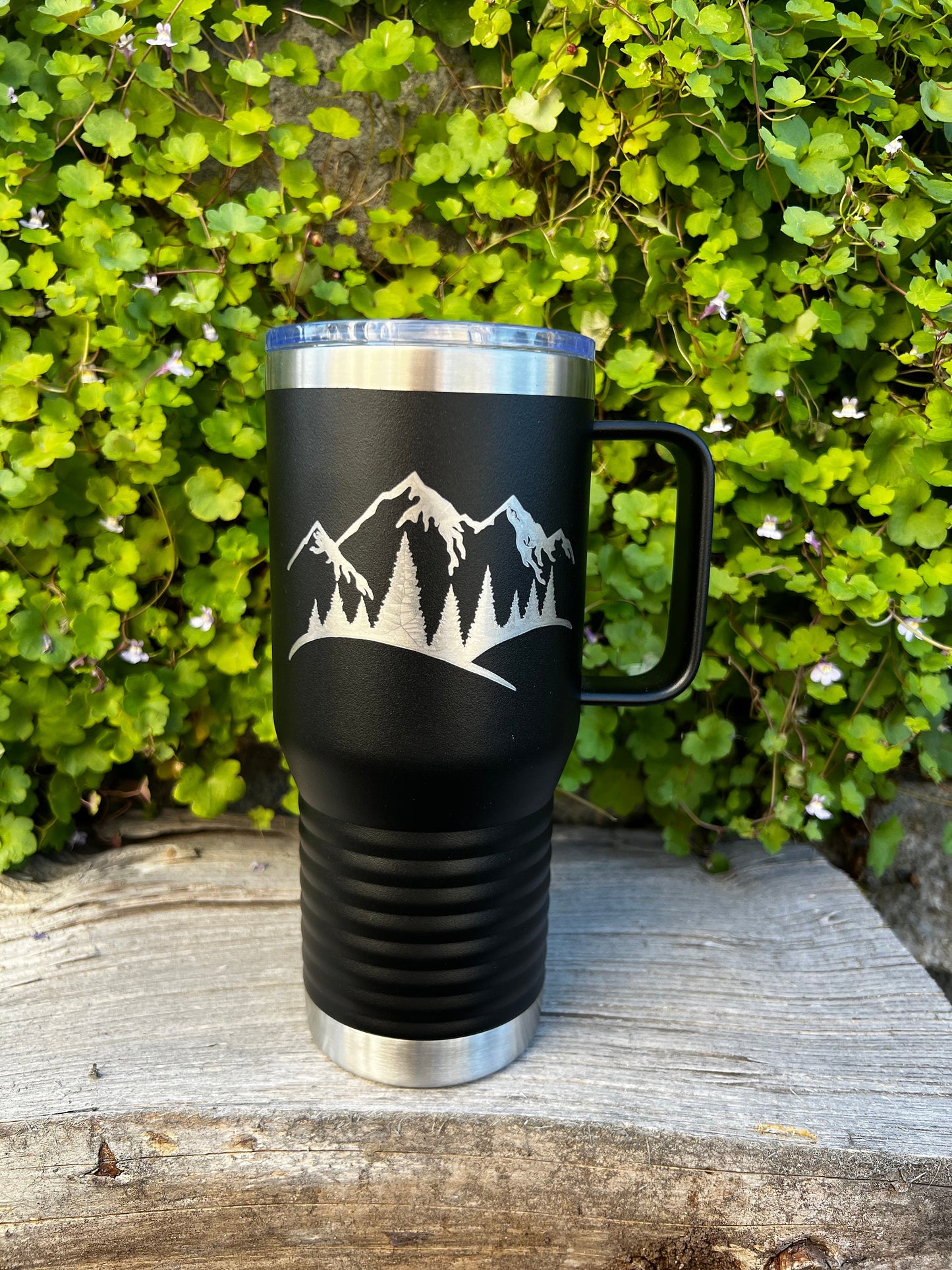 Insulated Travel Coffee Mug - Mountains and trees etched 20 OZ - Option to Personalize - BLACK