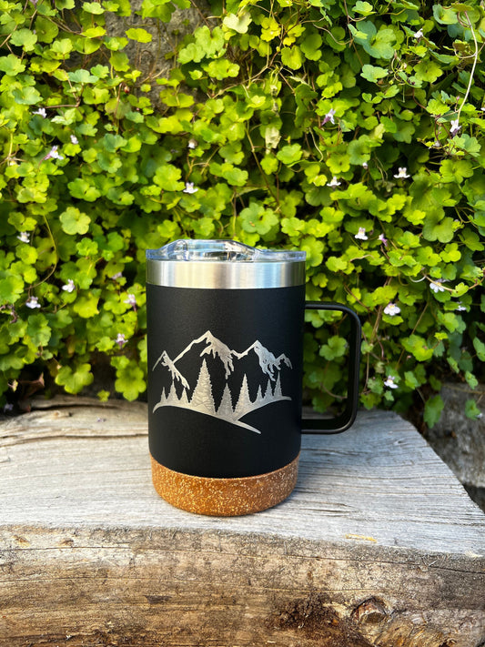 Insulated Cork Bottom Coffee Mug - Mountains and trees etched 16 OZ - Option to Personalize - BLACK