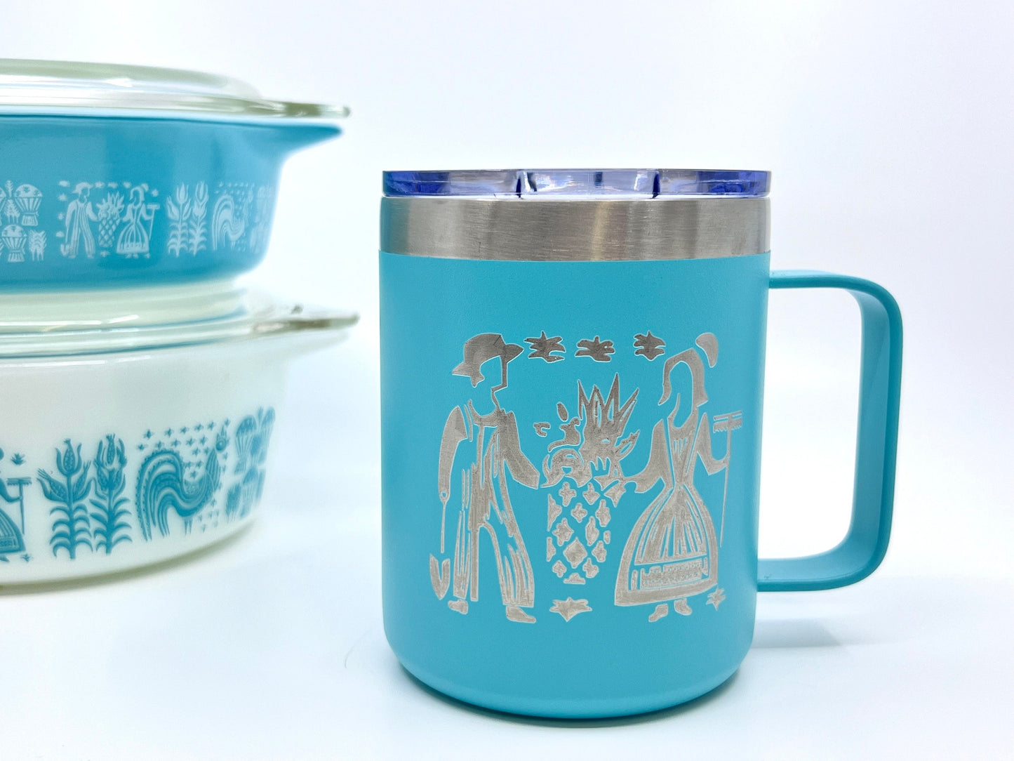 Pyrex Amish Butterprint Inspired 12 OZ insulated coffee mug cup with handle and lid - Option to Personalize - Pyrex dishes not included