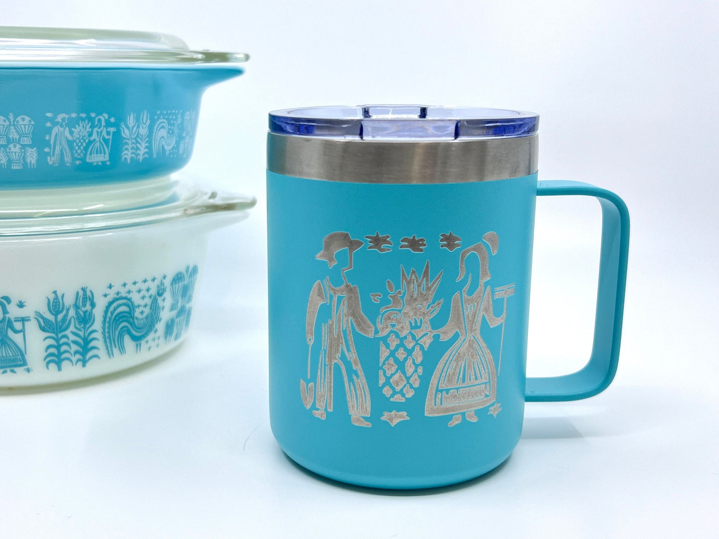 Pyrex Amish Butterprint Inspired 12 OZ insulated coffee mug cup with handle and lid - Option to Personalize - Pyrex dishes not included