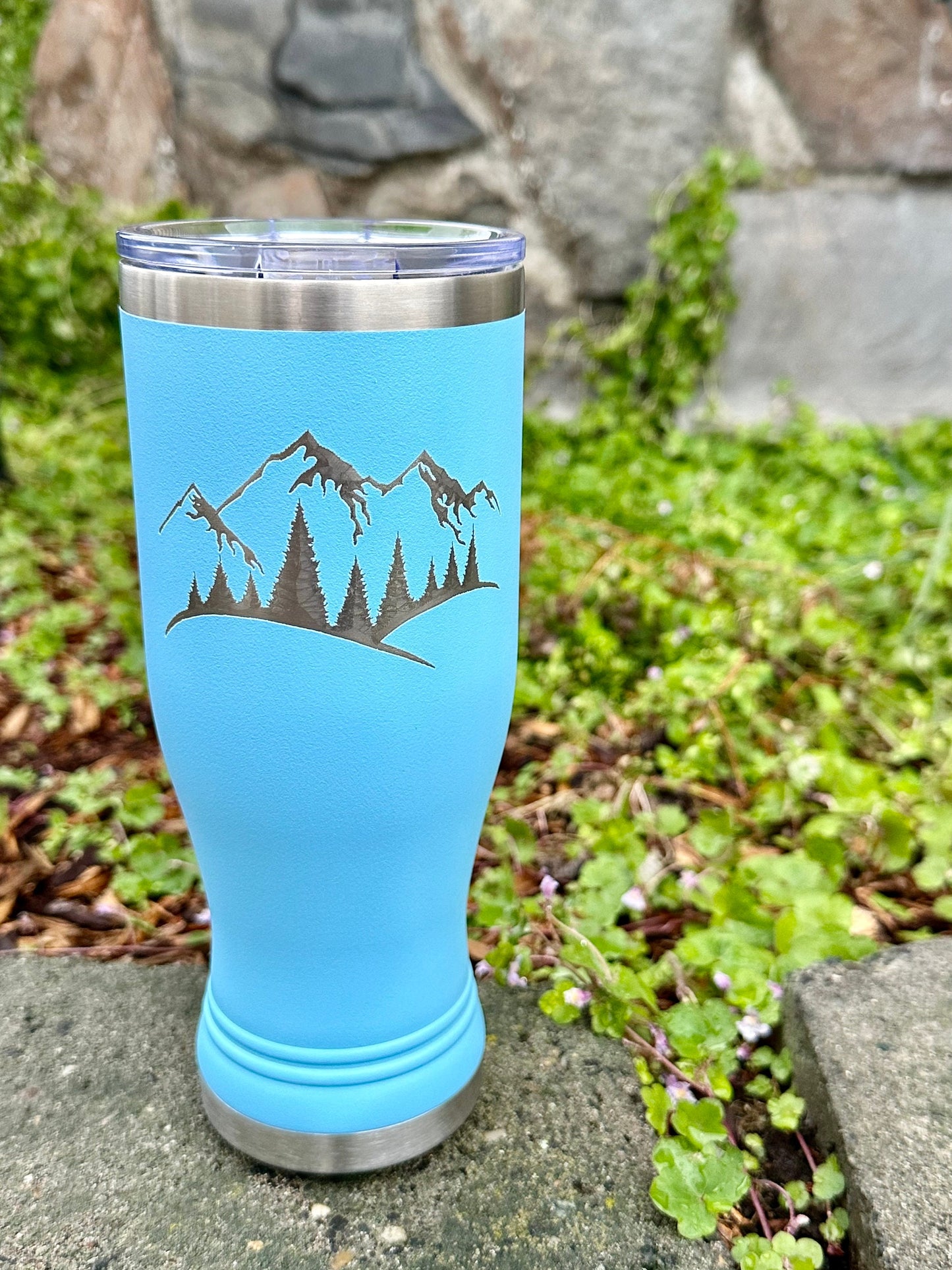 Engraved Pilsner with Snow Capped Mountain  20 OZ insulated Pilsner with Lid and Option to Personalize