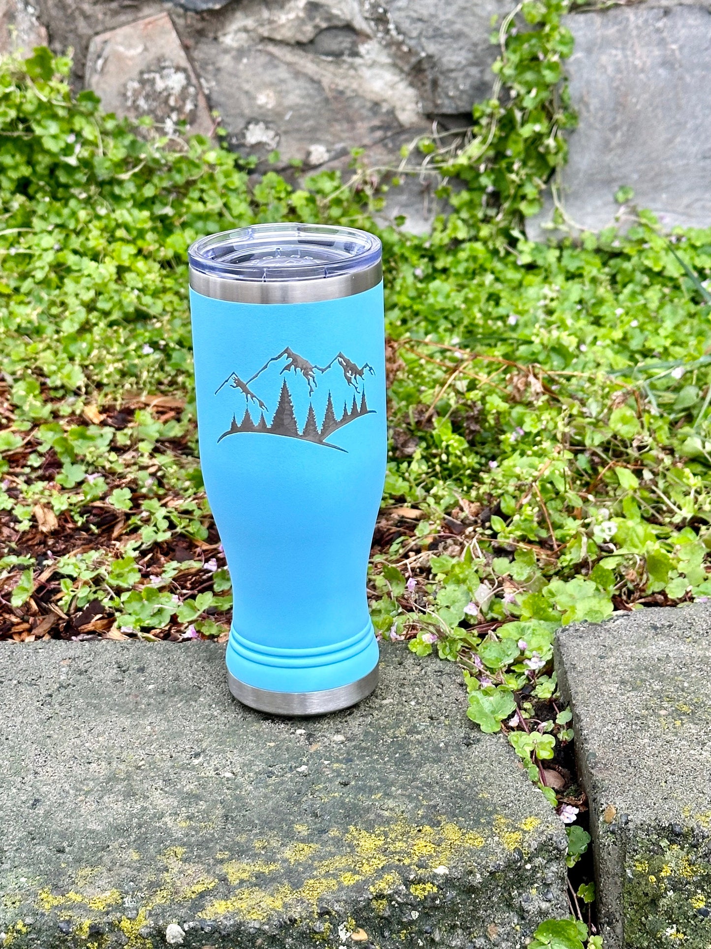 Engraved Pilsner with Snow Capped Mountain  20 OZ insulated Pilsner with Lid and Option to Personalize