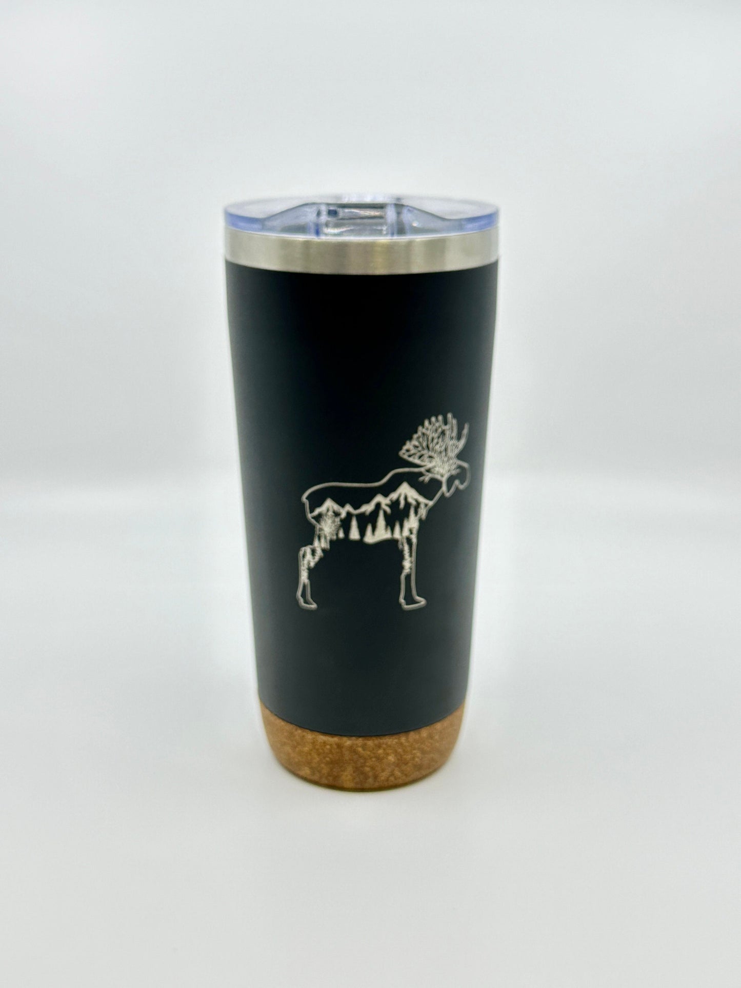 Engraved Insulated Cork Bottom 20 OZ Tumbler - Moose with Trees and Mountains design - etched 20 OZ - Option to Personalize - BLACK