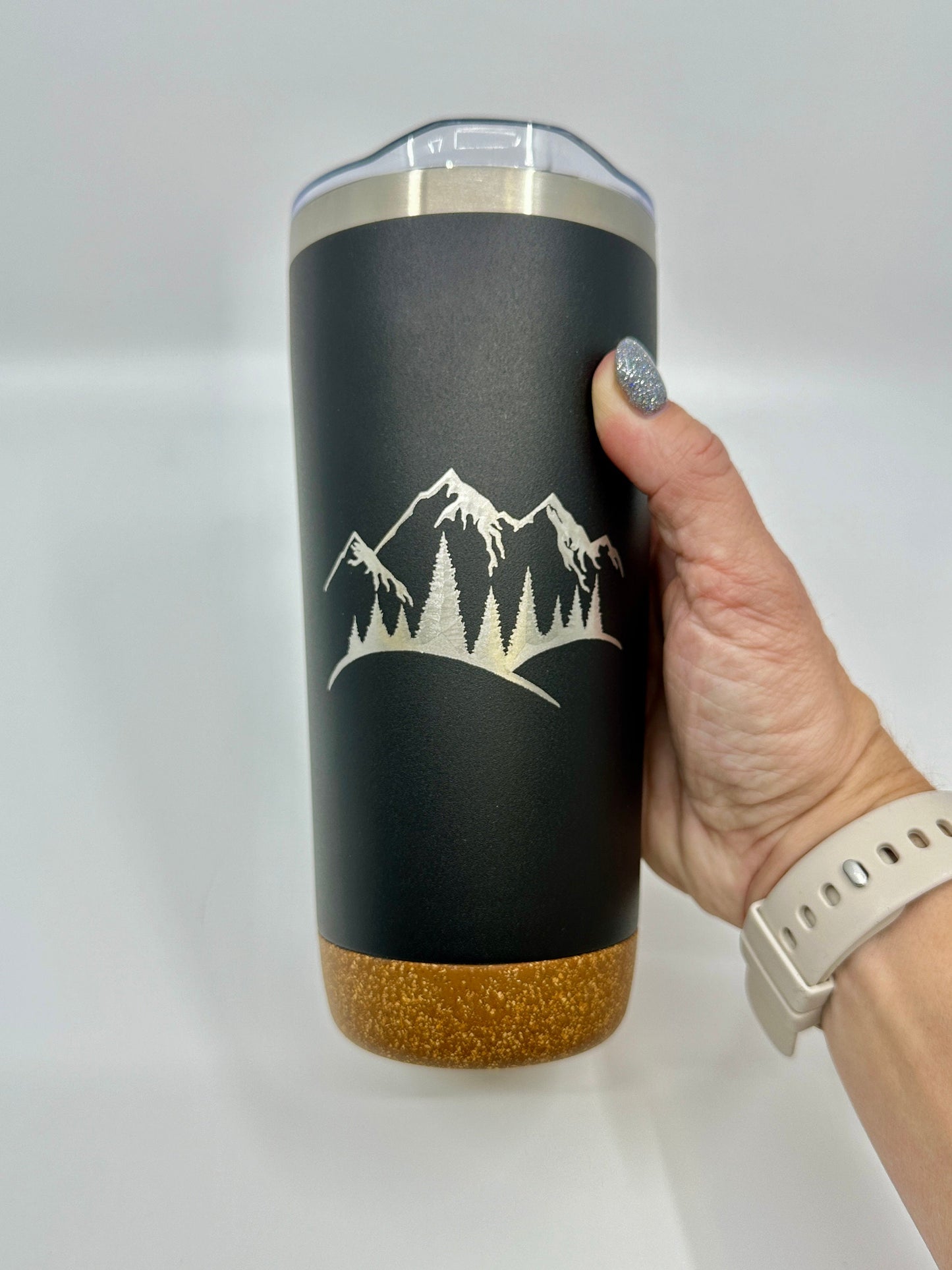 Engraved Insulated Cork Bottom 20 OZ Tumbler - Mountains with Trees design - etched 20 OZ - Option to Personalize - BLACK