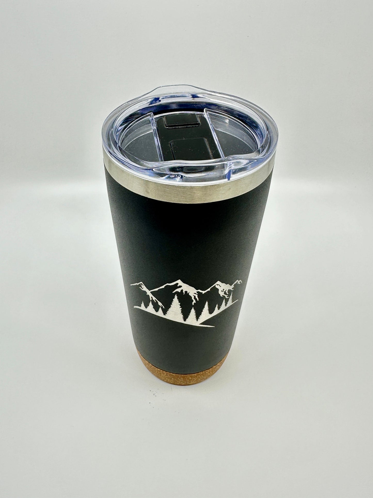 Engraved Insulated Cork Bottom 20 OZ Tumbler - Mountains with Trees design - etched 20 OZ - Option to Personalize - BLACK