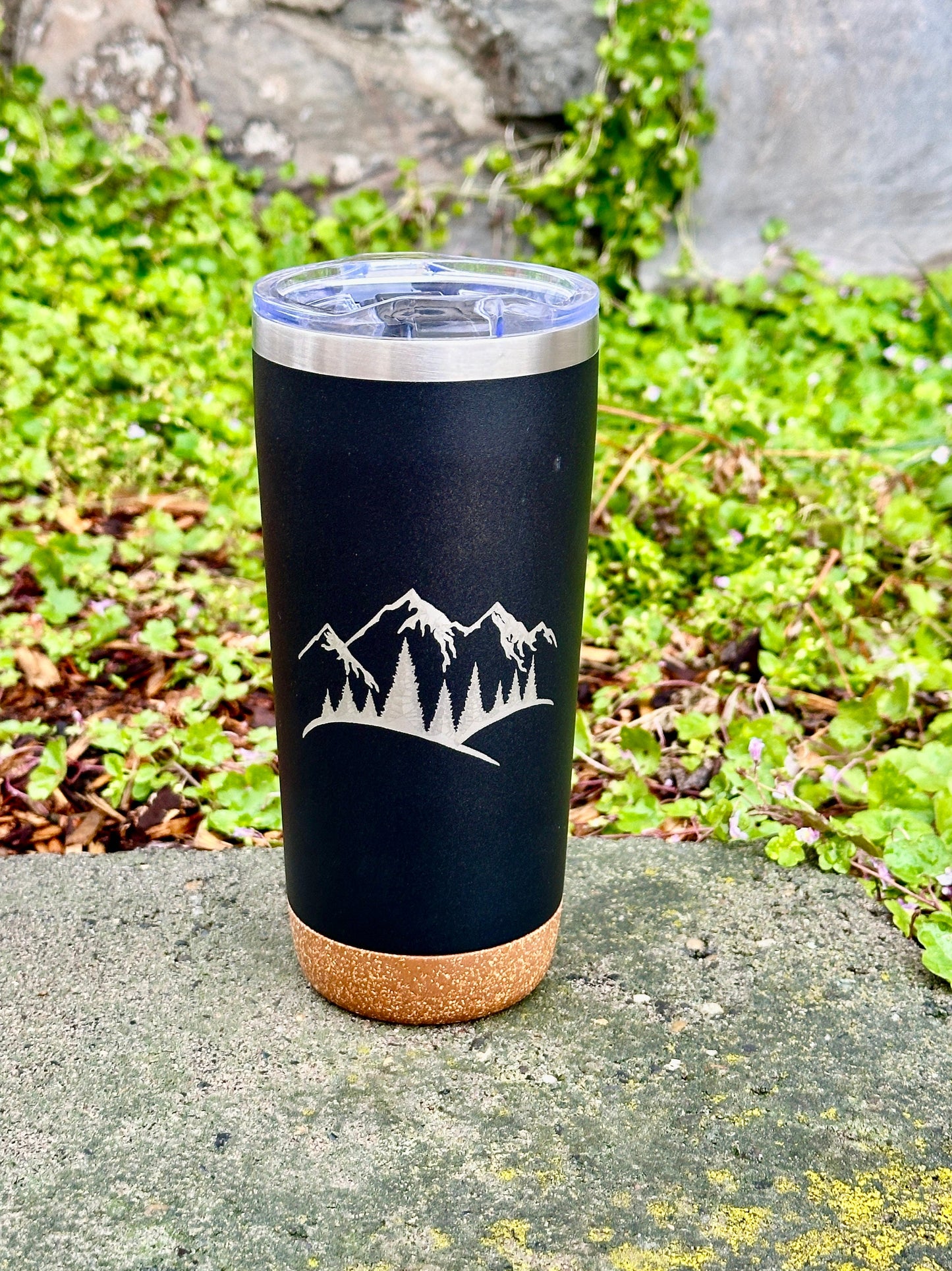 Engraved Insulated Cork Bottom 20 OZ Tumbler - Mountains with Trees design - etched 20 OZ - Option to Personalize - BLACK