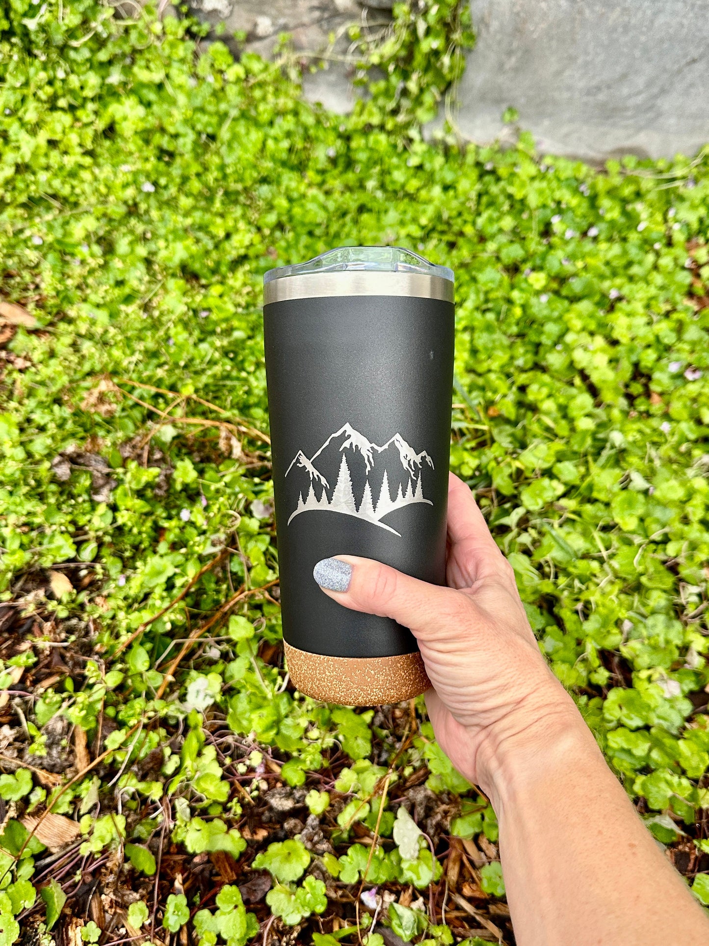 Engraved Insulated Cork Bottom 20 OZ Tumbler - Mountains with Trees design - etched 20 OZ - Option to Personalize - BLACK