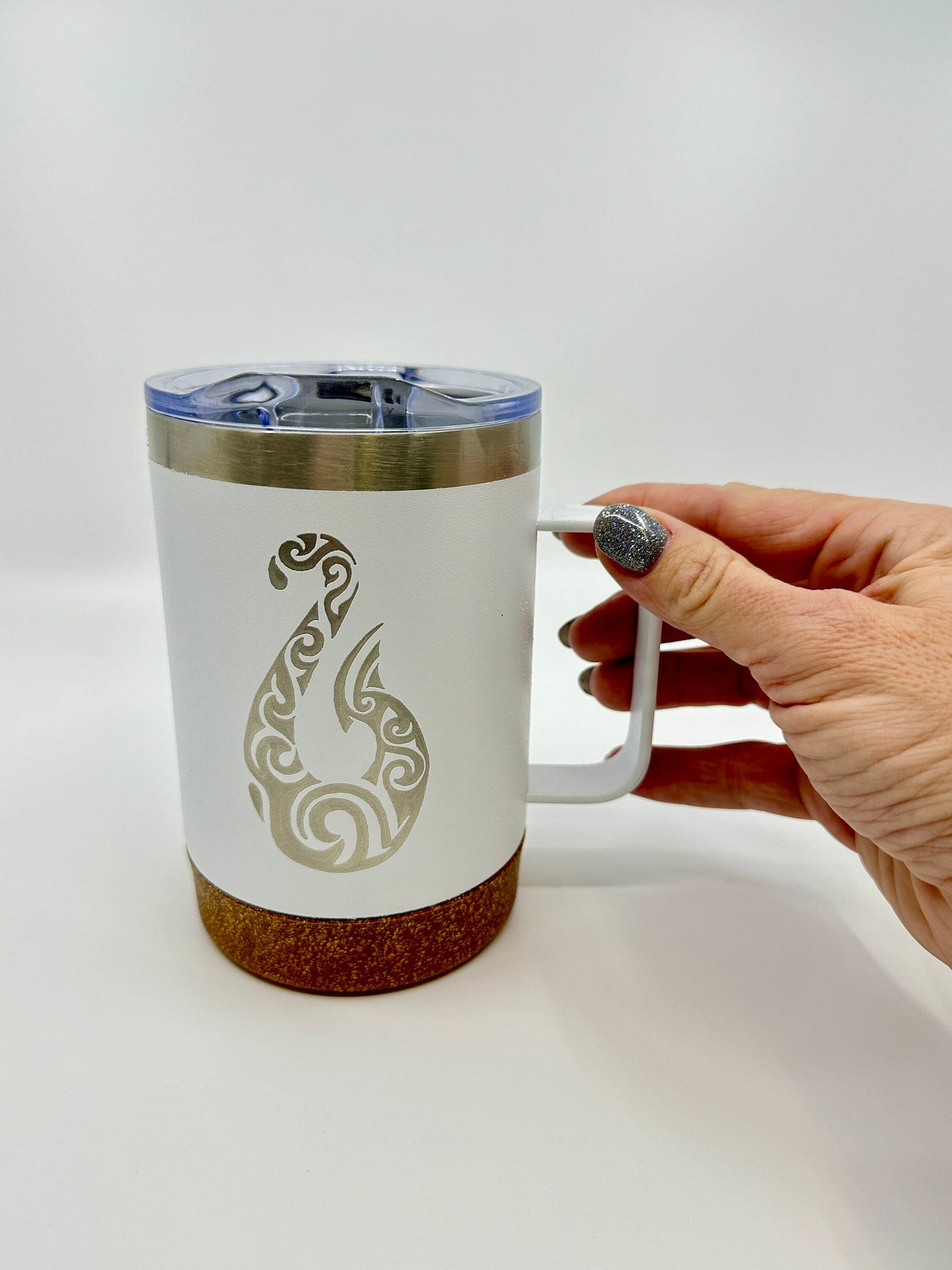 Insulated Cork Bottom Coffee Mug - Maui Hook etched 16 OZ - Option to Personalize - WHITE