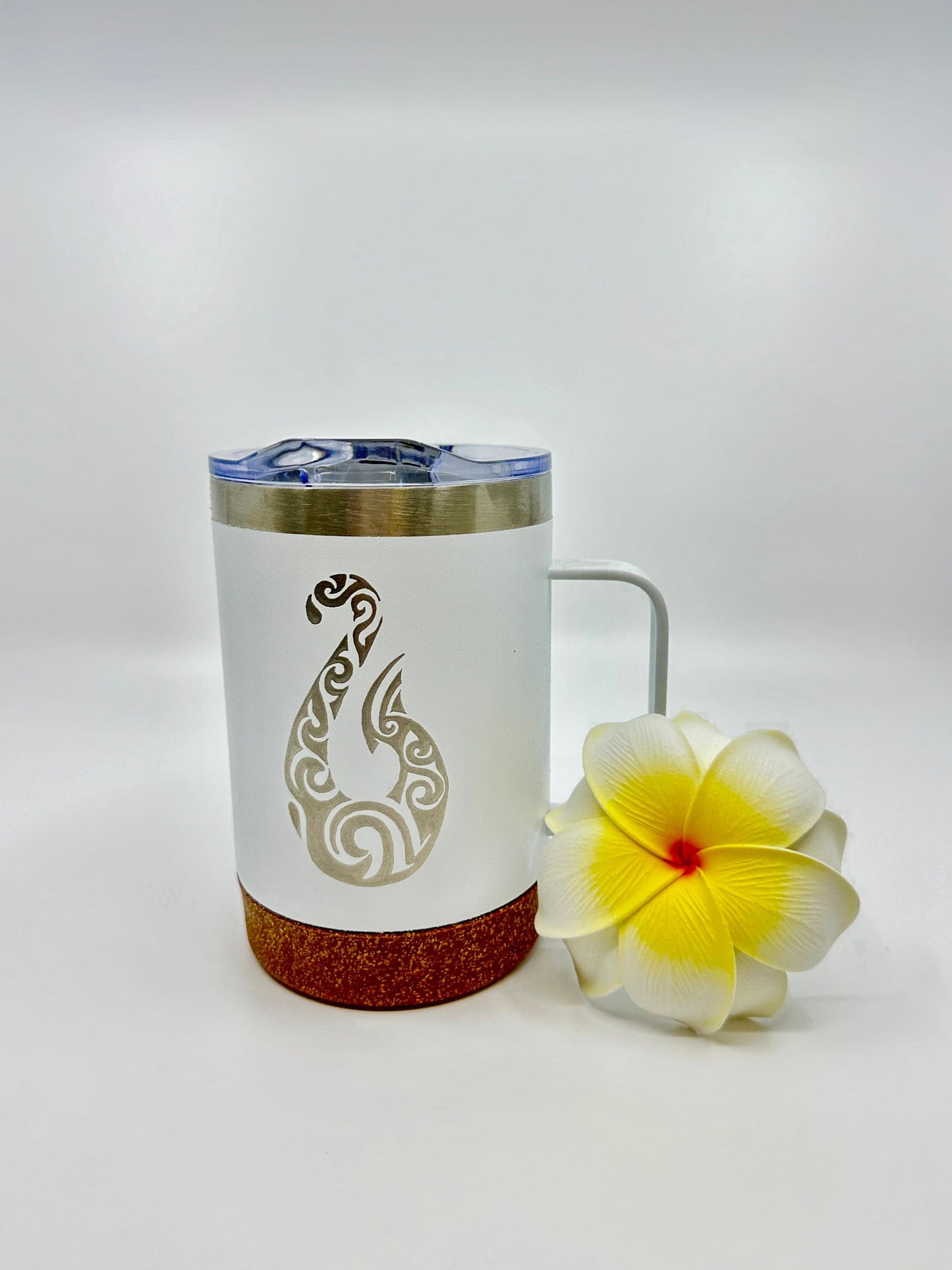 Insulated Cork Bottom Coffee Mug - Maui Hook etched 16 OZ - Option to Personalize - WHITE