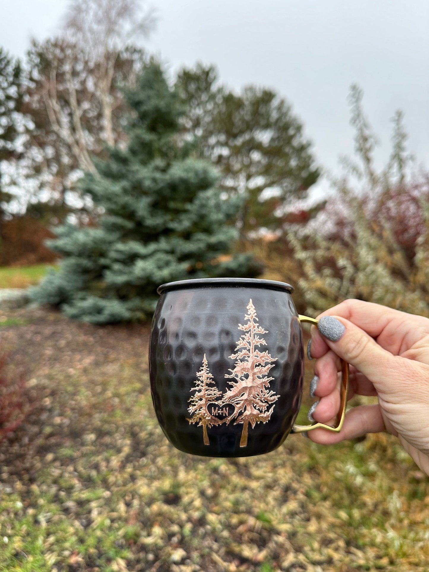 Heart in Evergreens Moscow Mule Mug | Add Initials to Heart | Personalized Gift |  Anniversary Gifts | Wedding Gift | Bride and Groom Gift