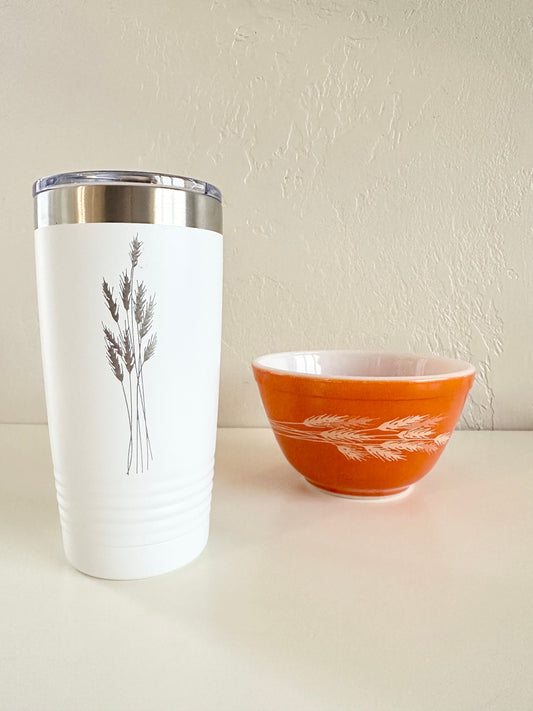 Pyrex Autumn Harvest Wheat Inspired 20 OZ insulated Tumbler with Lid and Option to Personalize