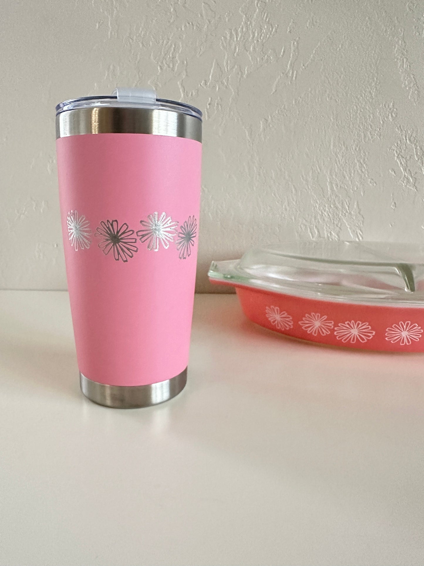 Pyrex Pink Daisy Inspired 20 OZ insulated Tumbler with Lid and Option to Personalize