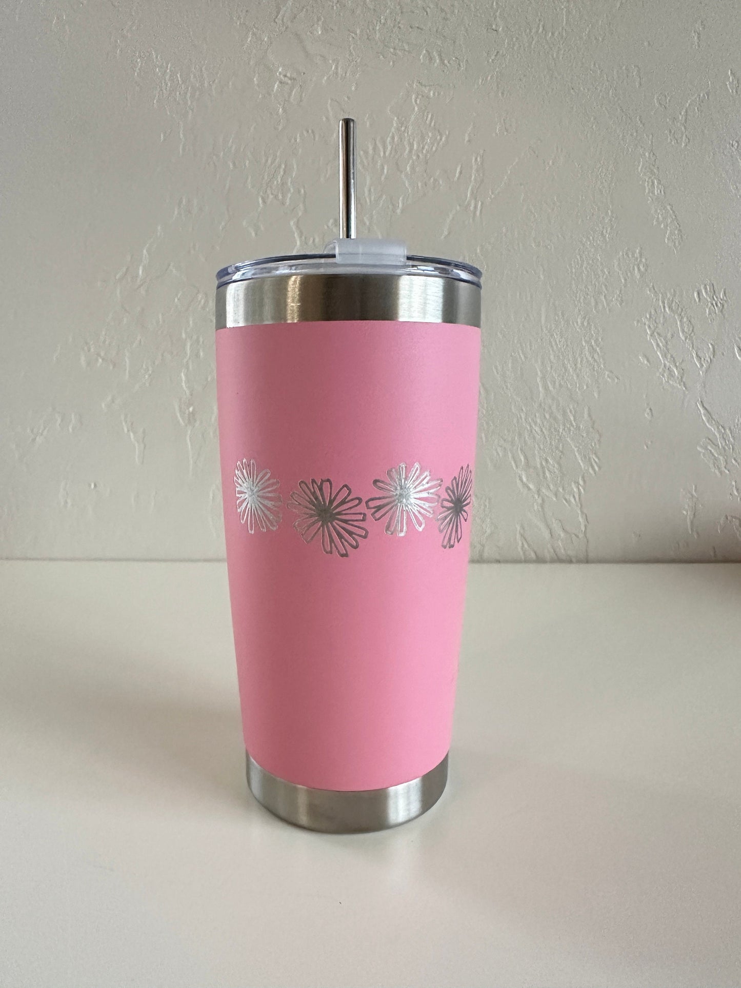 Pyrex Pink Daisy Inspired 20 OZ insulated Tumbler with Lid and Option to Personalize