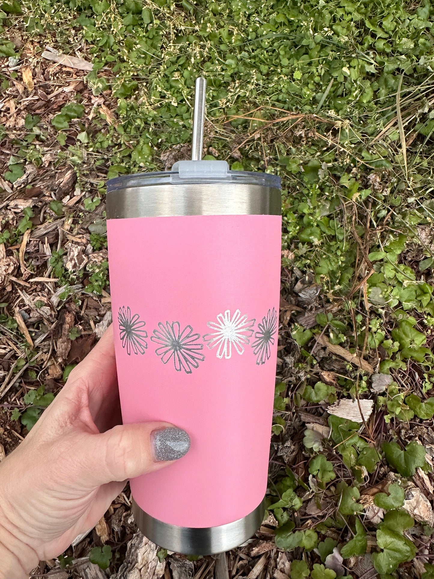 Pyrex Pink Daisy Inspired 20 OZ insulated Tumbler with Lid and Option to Personalize