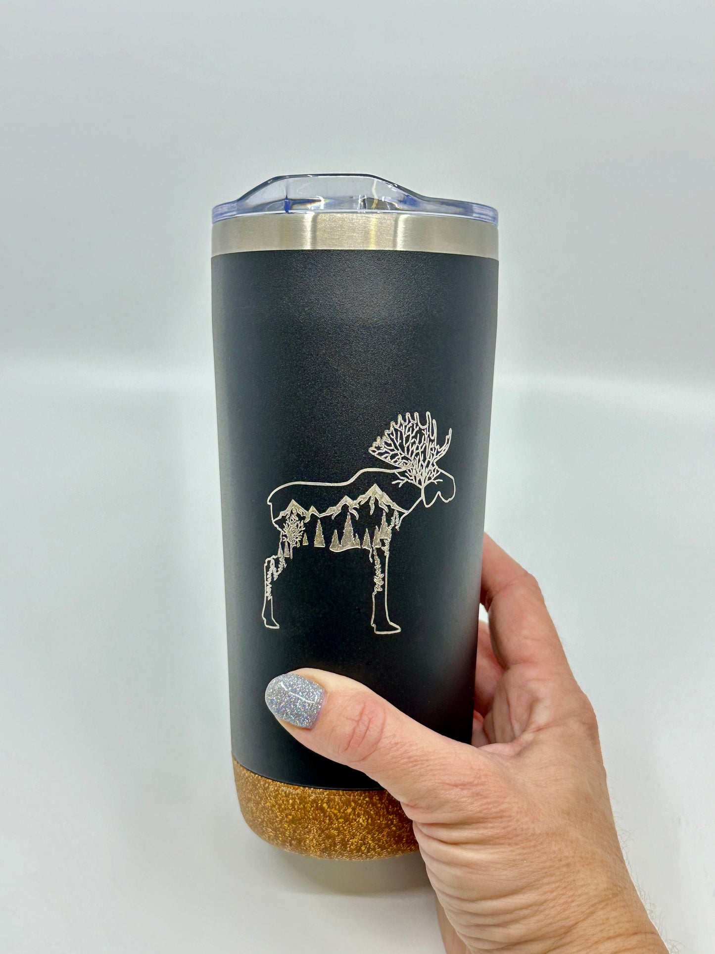 Engraved Insulated Cork Bottom 20 OZ Tumbler - Moose with Trees and Mountains design - etched 20 OZ - Option to Personalize - BLACK