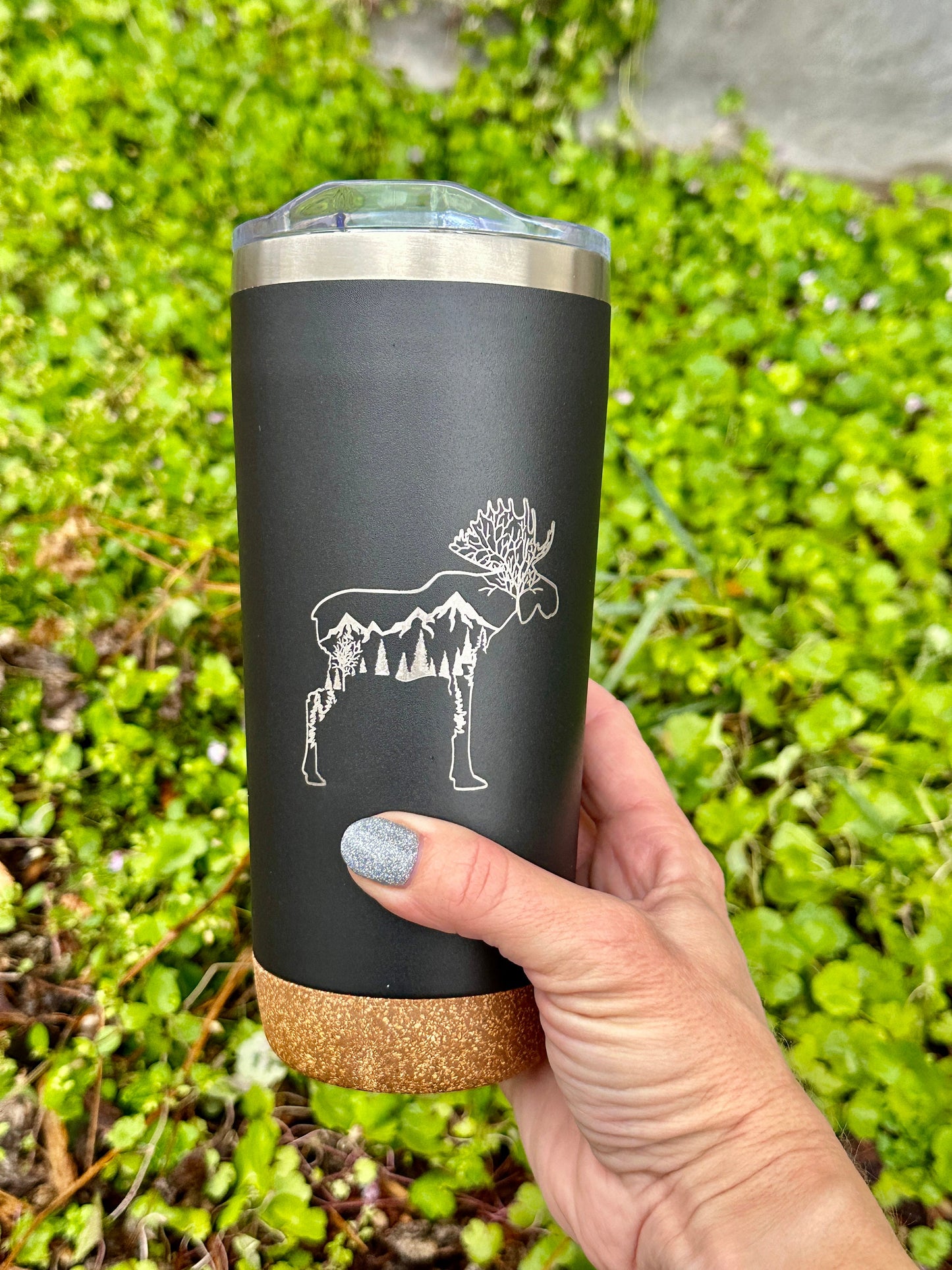 Engraved Insulated Cork Bottom 20 OZ Tumbler - Moose with Trees and Mountains design - etched 20 OZ - Option to Personalize - BLACK