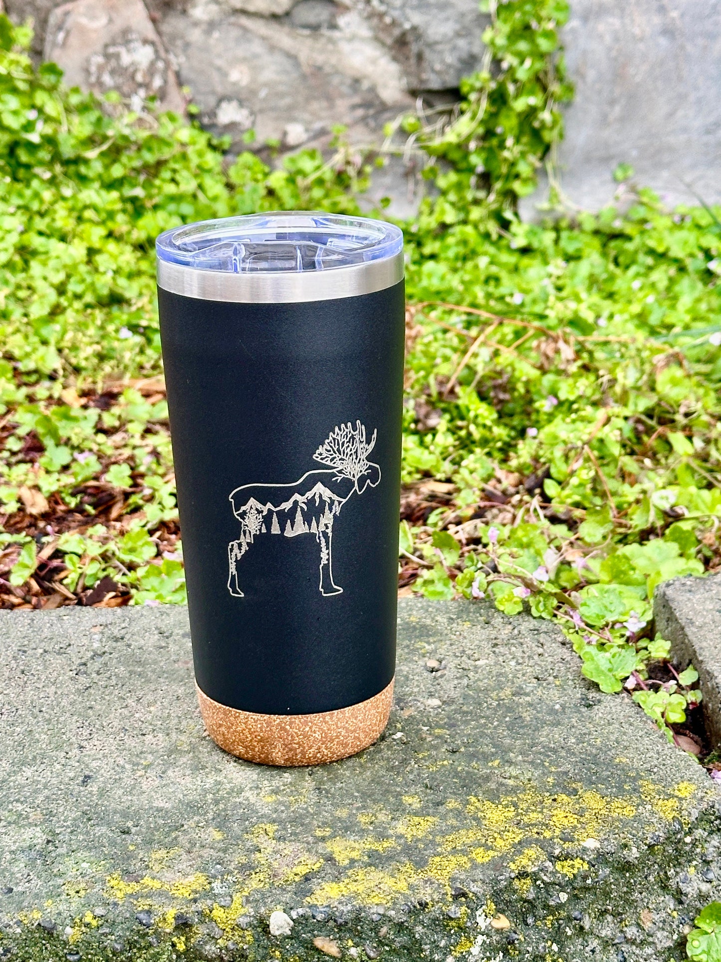 Engraved Insulated Cork Bottom 20 OZ Tumbler - Moose with Trees and Mountains design - etched 20 OZ - Option to Personalize - BLACK