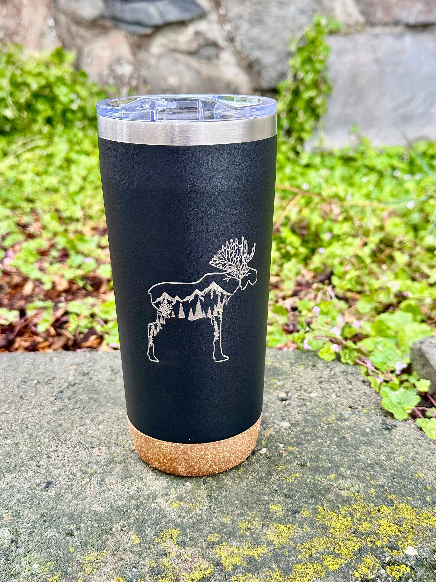 Engraved Insulated Cork Bottom 20 OZ Tumbler - Moose with Trees and Mountains design - etched 20 OZ - Option to Personalize - BLACK