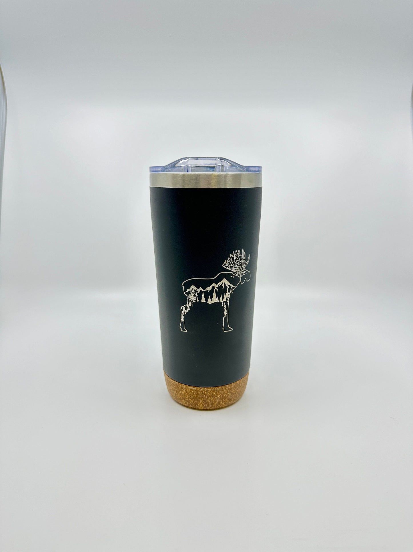 Engraved Insulated Cork Bottom 20 OZ Tumbler - Moose with Trees and Mountains design - etched 20 OZ - Option to Personalize - BLACK