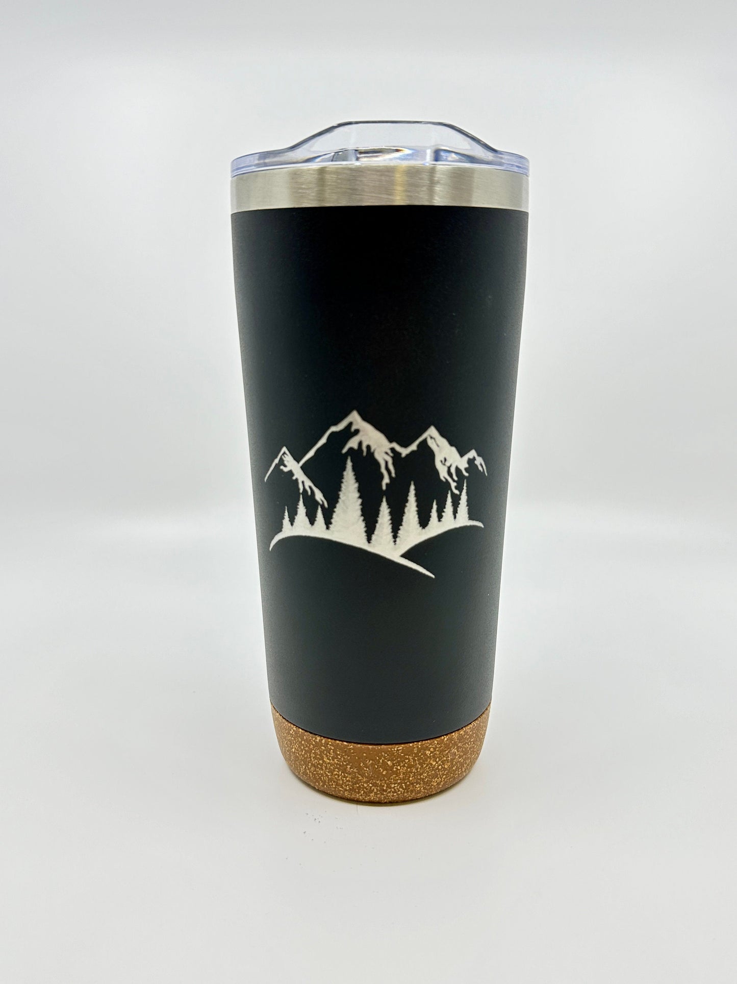 Engraved Insulated Cork Bottom 20 OZ Tumbler - Mountains with Trees design - etched 20 OZ - Option to Personalize - BLACK