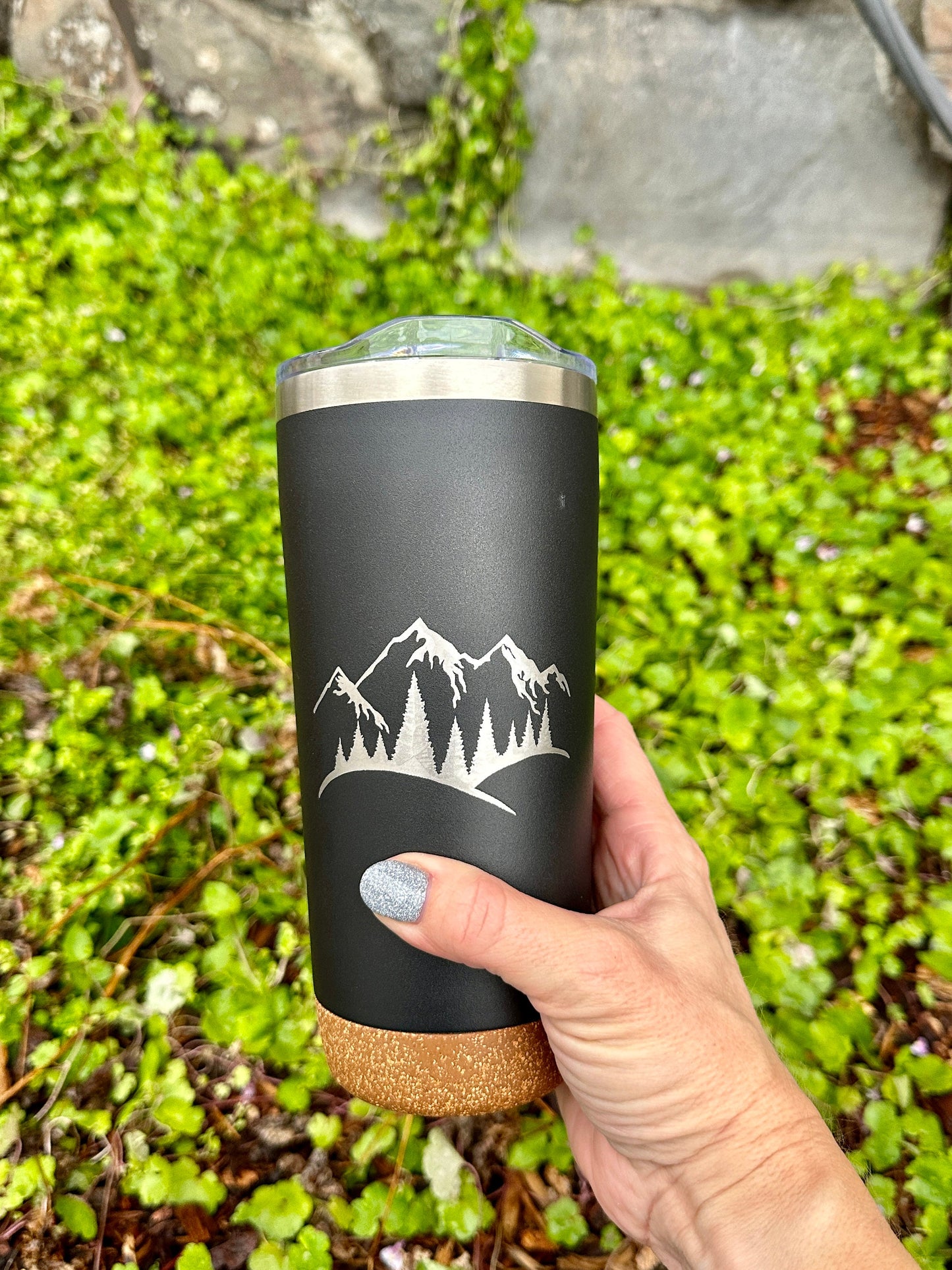 Engraved Insulated Cork Bottom 20 OZ Tumbler - Mountains with Trees design - etched 20 OZ - Option to Personalize - BLACK