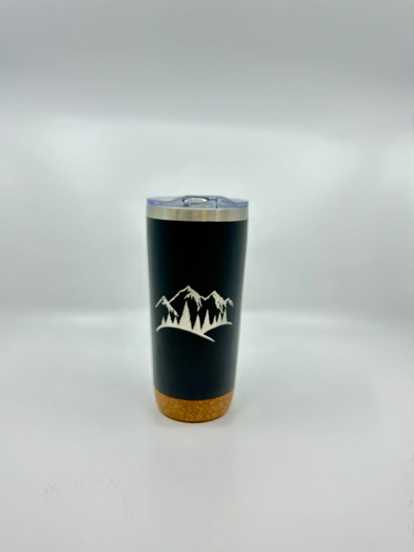 Engraved Insulated Cork Bottom 20 OZ Tumbler - Mountains with Trees design - etched 20 OZ - Option to Personalize - BLACK