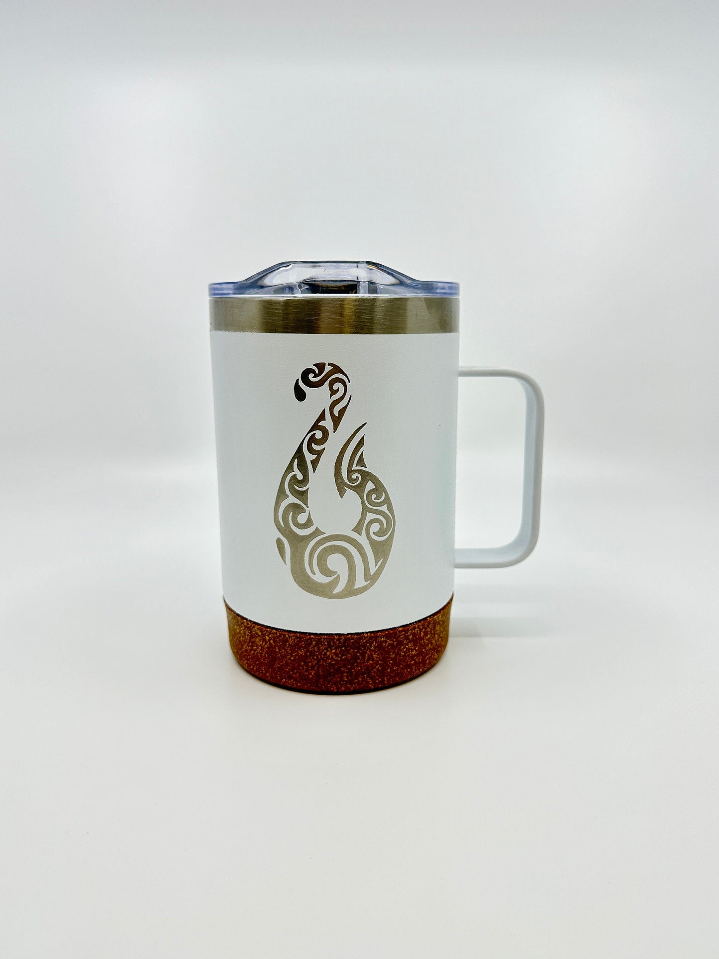 Insulated Cork Bottom Coffee Mug - Maui Hook etched 16 OZ - Option to Personalize - WHITE