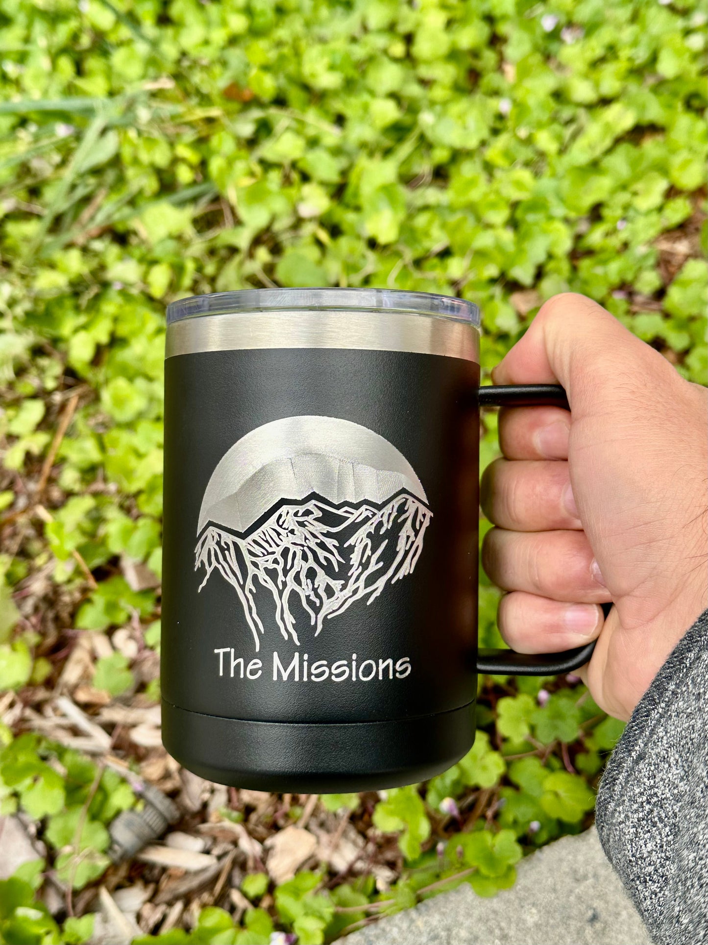 Mission Mountains Montana | Mcdonald Peak | The missions | 12 OZ insulated coffee mug cup with handle and lid - Option to Personalize