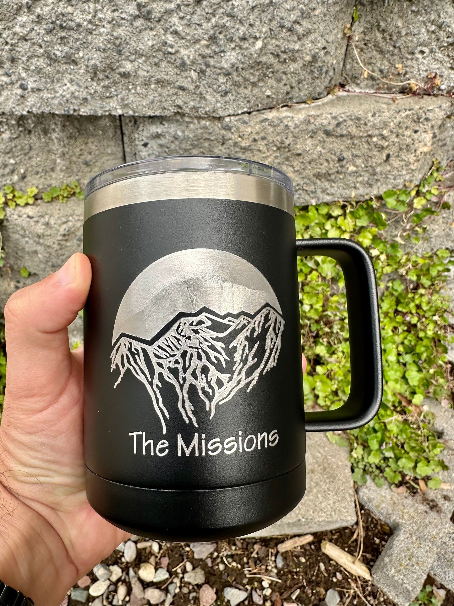 Mission Mountains Montana | Mcdonald Peak | The missions | 12 OZ insulated coffee mug cup with handle and lid - Option to Personalize