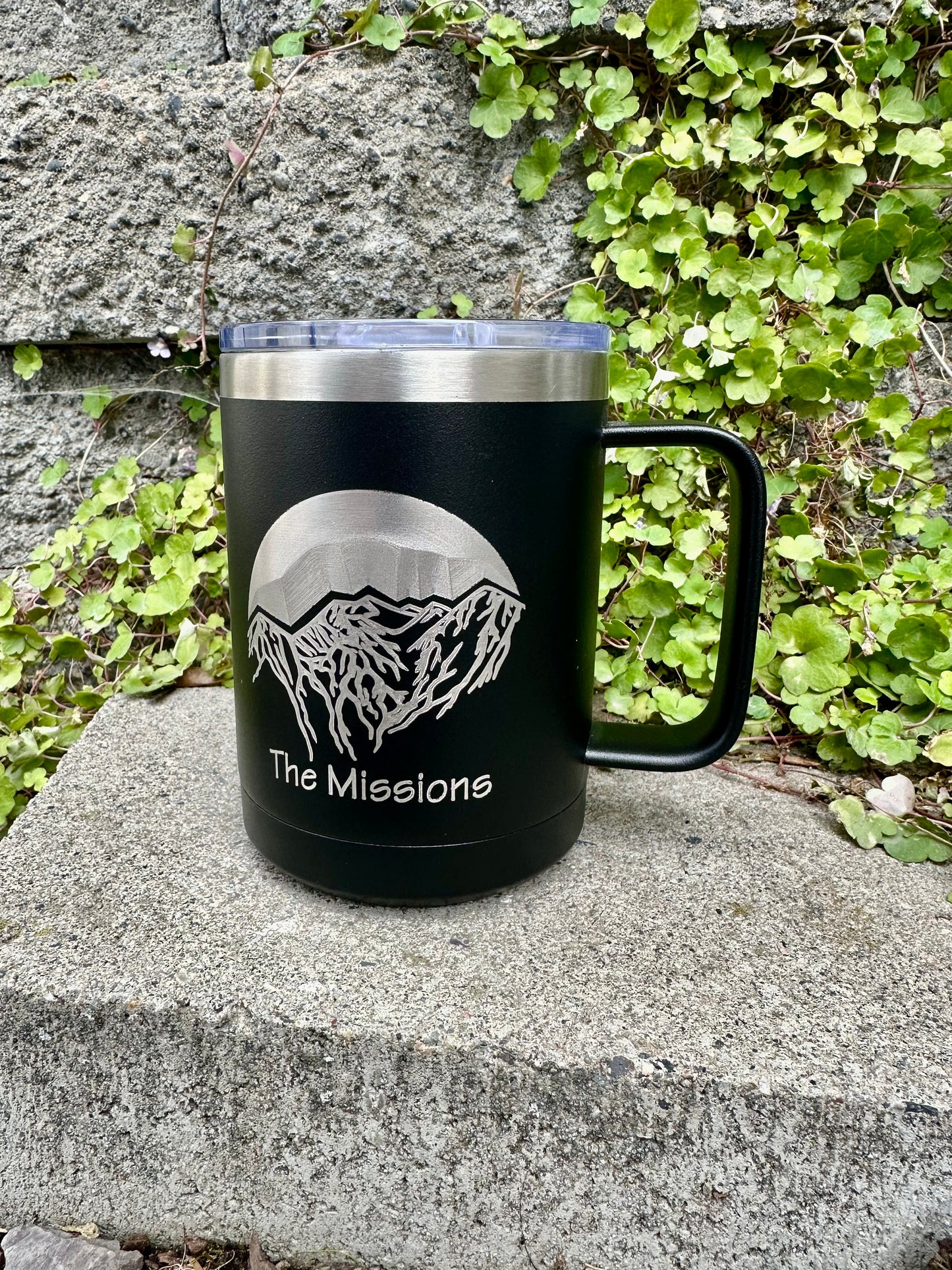 Mission Mountains Montana | Mcdonald Peak | The missions | 12 OZ insulated coffee mug cup with handle and lid - Option to Personalize