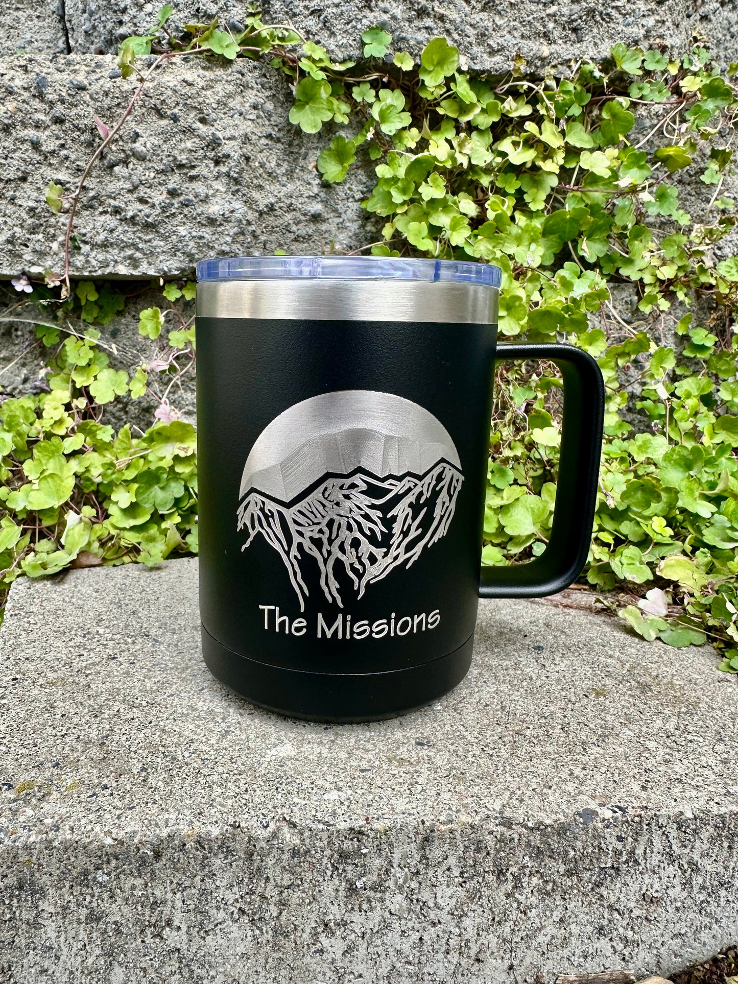 Mission Mountains Montana | Mcdonald Peak | The missions | 12 OZ insulated coffee mug cup with handle and lid - Option to Personalize